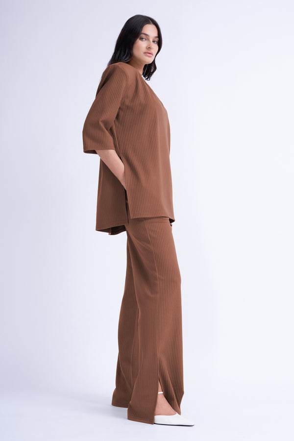 Ribbed Brown Matching Set With Blouse And Trousers With Slit