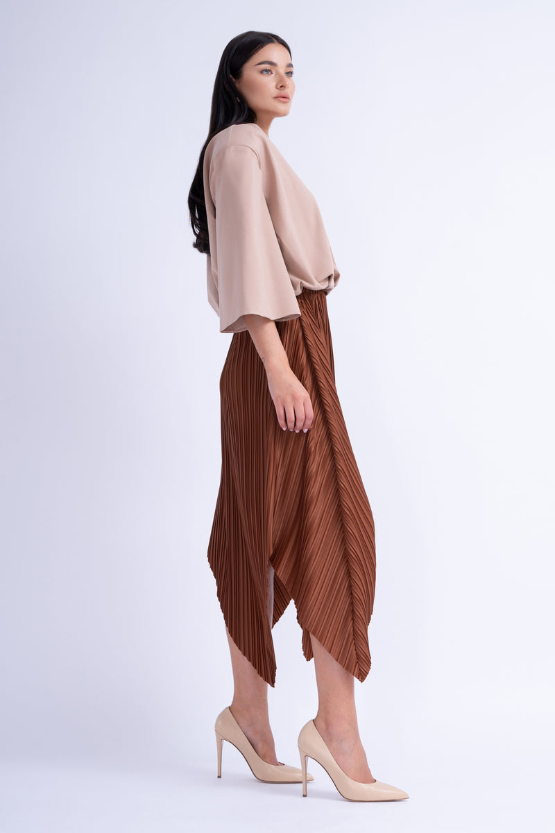 Brown Asymmetrical Pleated Skirt