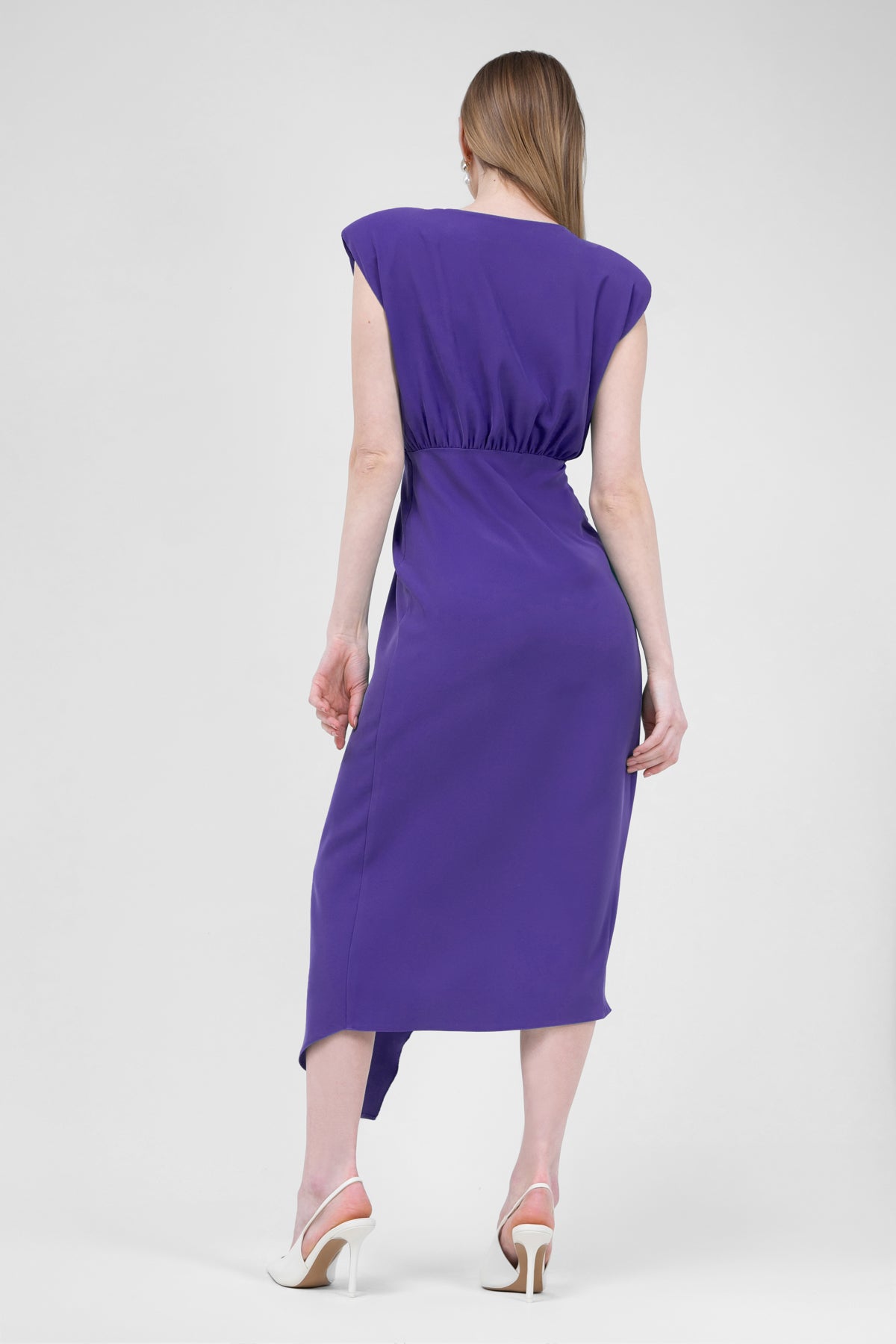 Midi purple dress with draping detailing and pleats