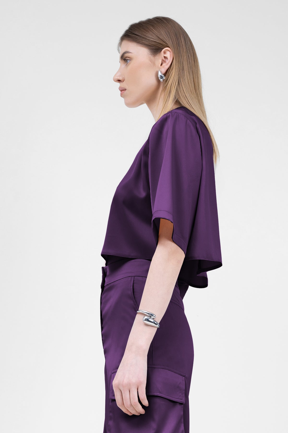 Purple Cropped Satin T-shirt