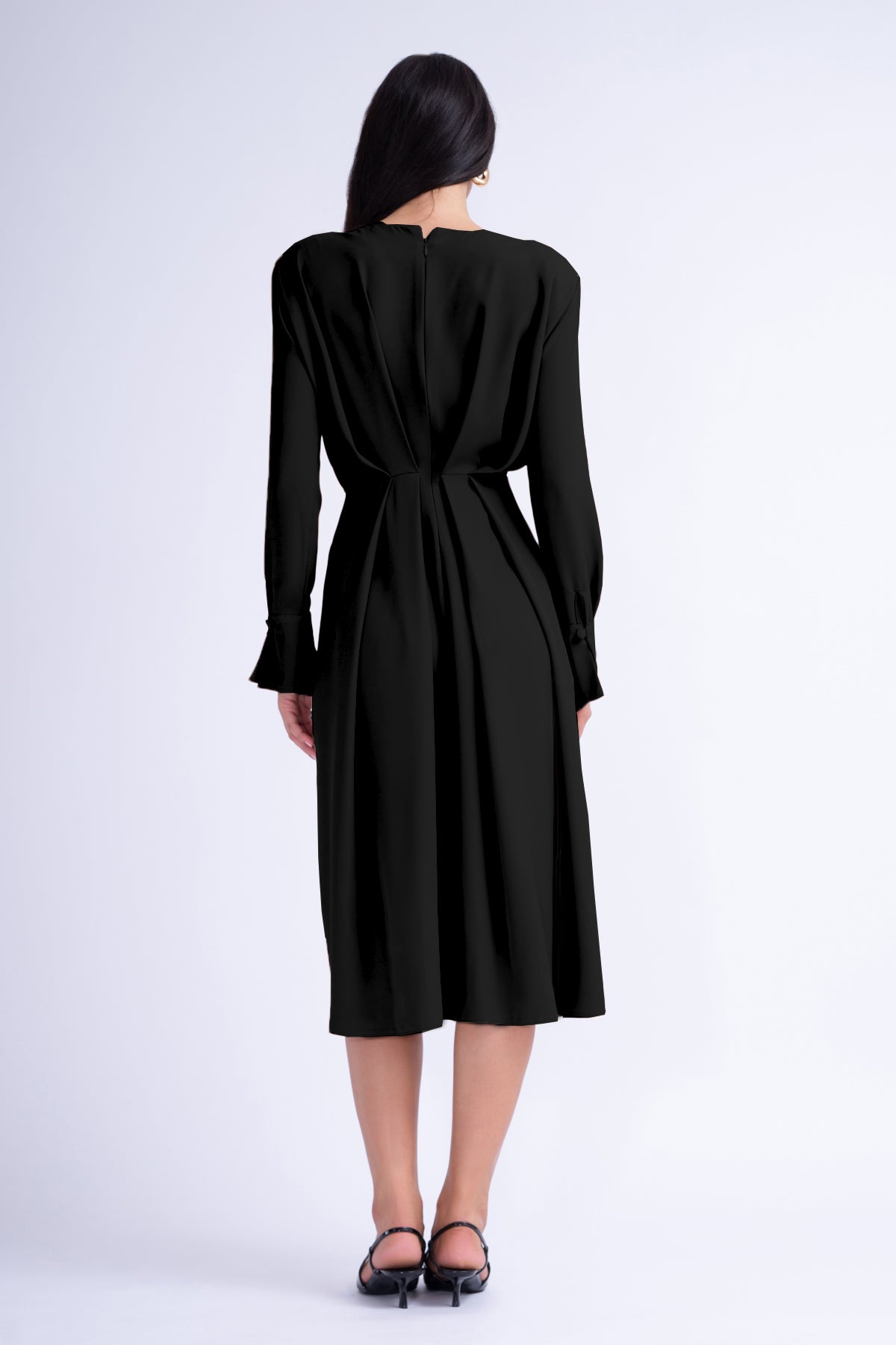 Midi Black Dress With Ring Detail And Pleats