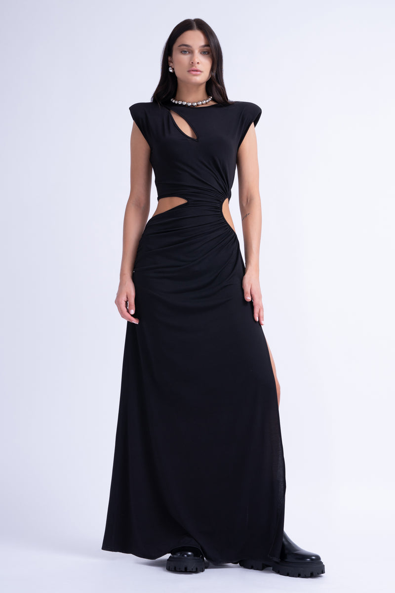 Black Maxi Dress With Asymmetrical Cut-Outs And Oversized Shoulders