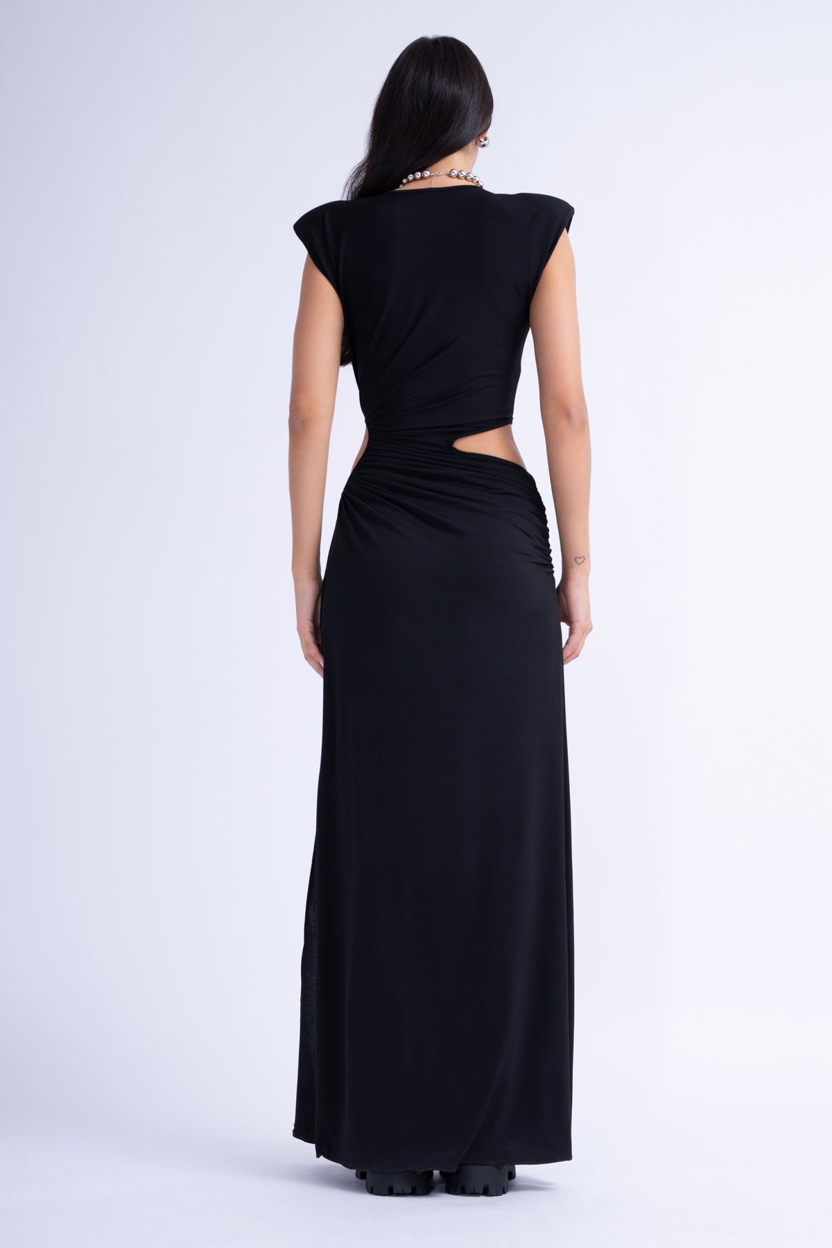 Black Maxi Dress With Asymmetrical Cut-Outs And Oversized Shoulders