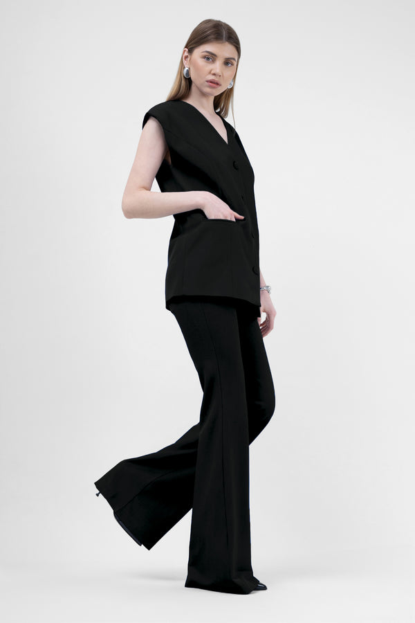 Black Suit With Oversized Vest And Flared Trousers