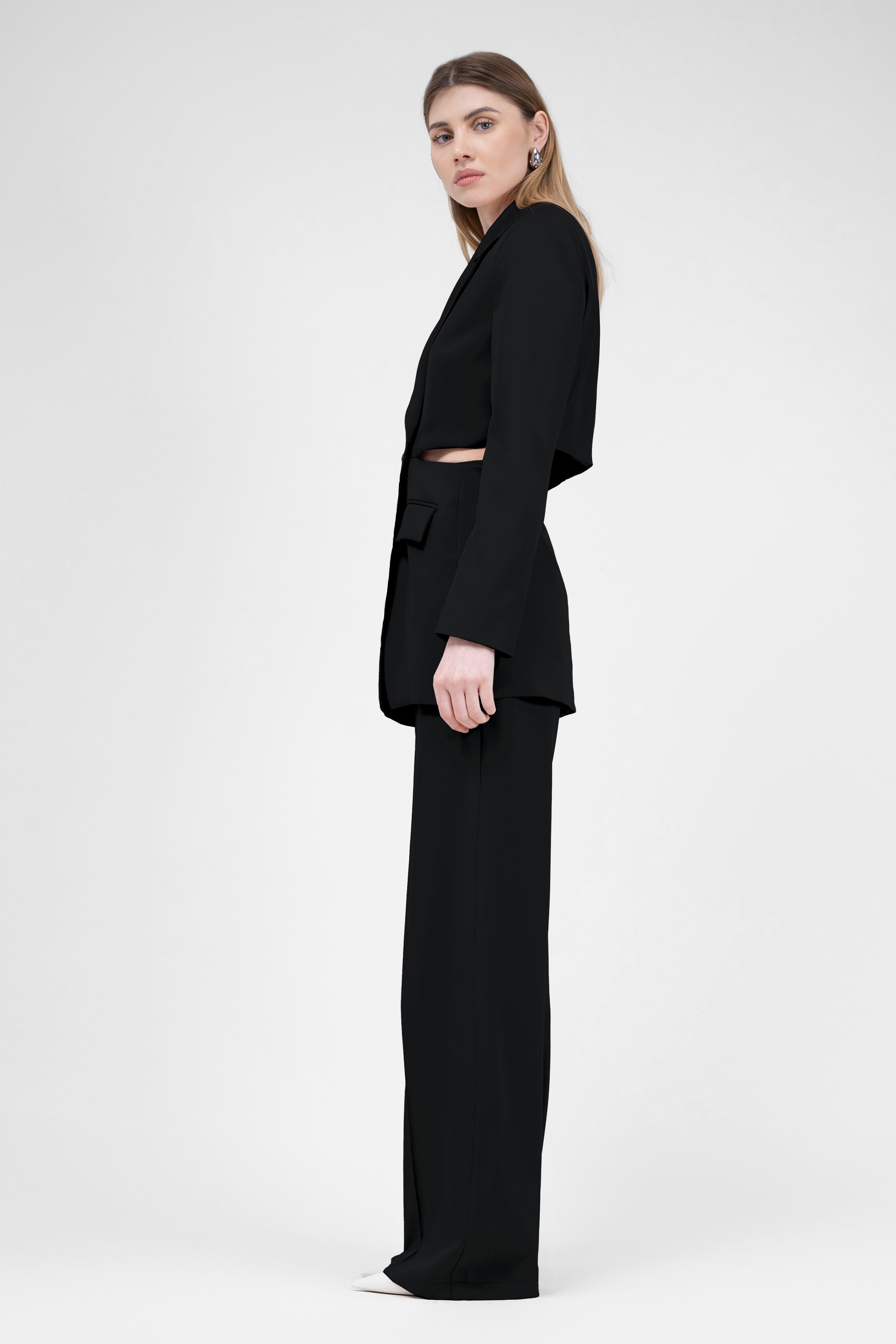 Black Suit With Blazer With Waistline Cut-Out And Stripe Detail Trousers