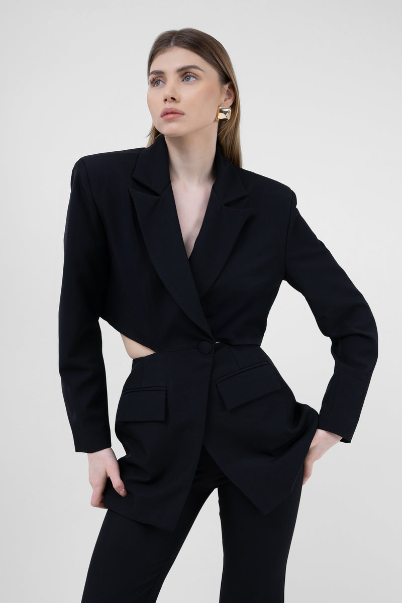 Black Suit With Blazer With Waistline Cut-Out And Flared Trousers