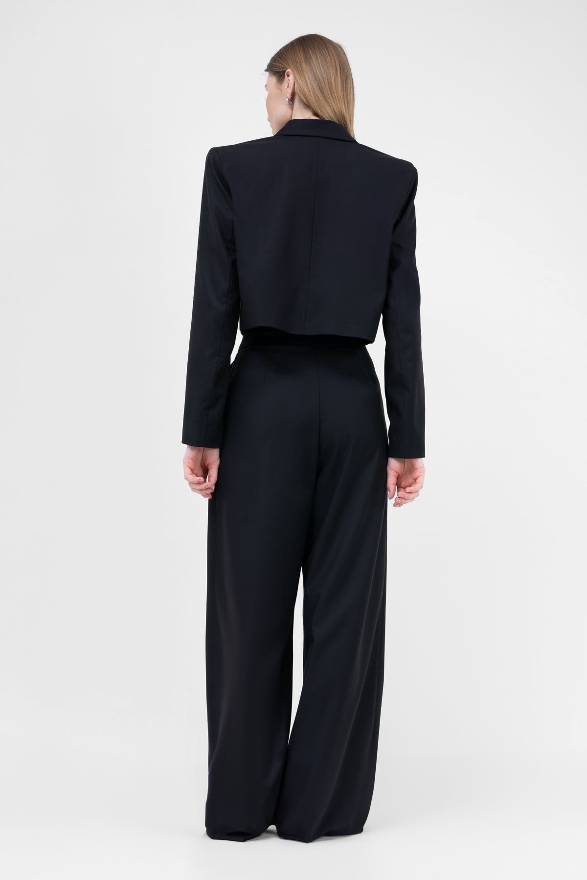 Black Suit With Cropped Blazer And Ultra Wide Leg Trousers