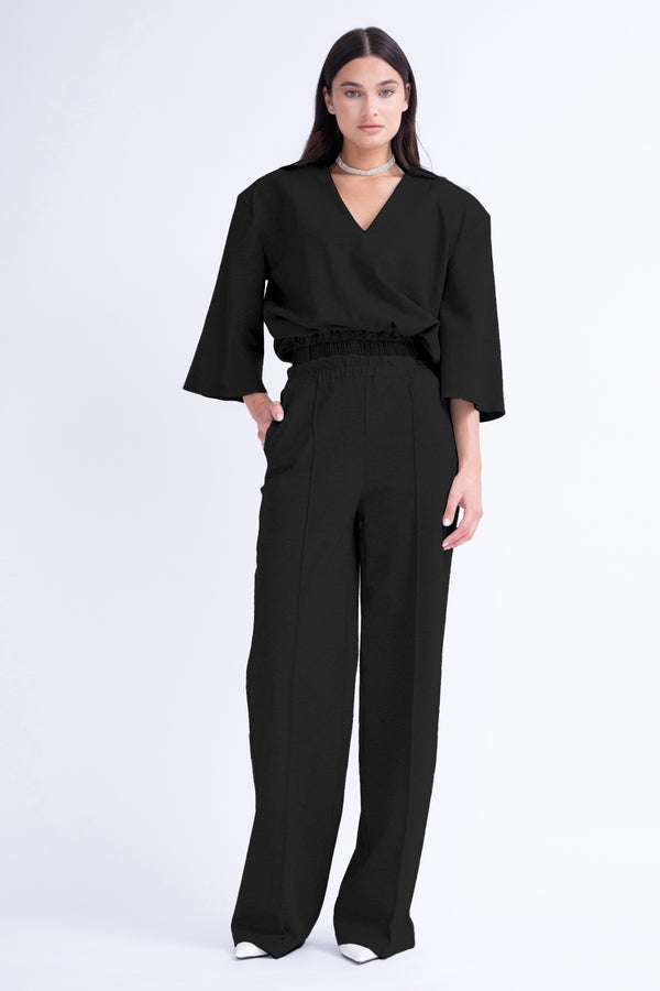 Black Matching Set With Blouse And Wide Leg Trousers