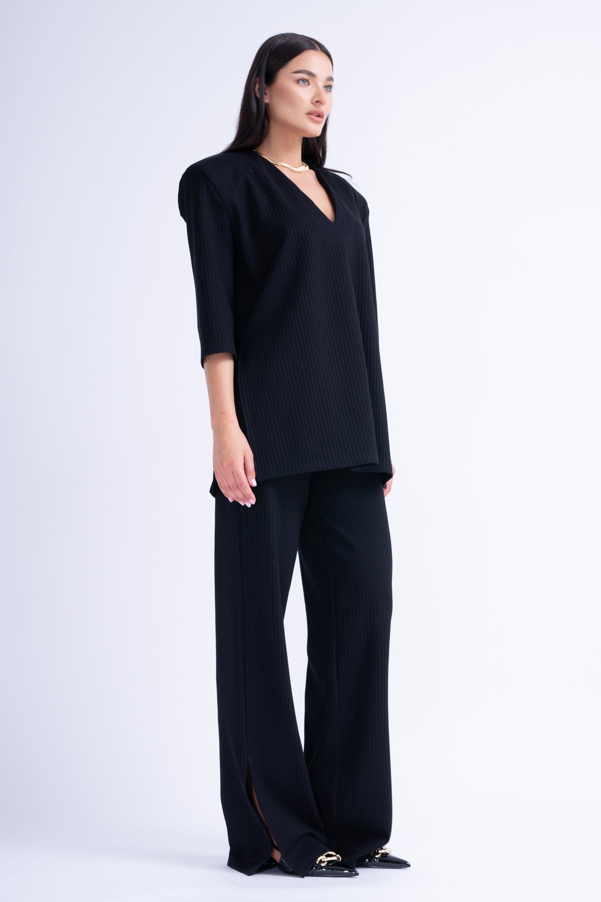 Ribbed Black Matching Set With Blouse And Trousers With Slit