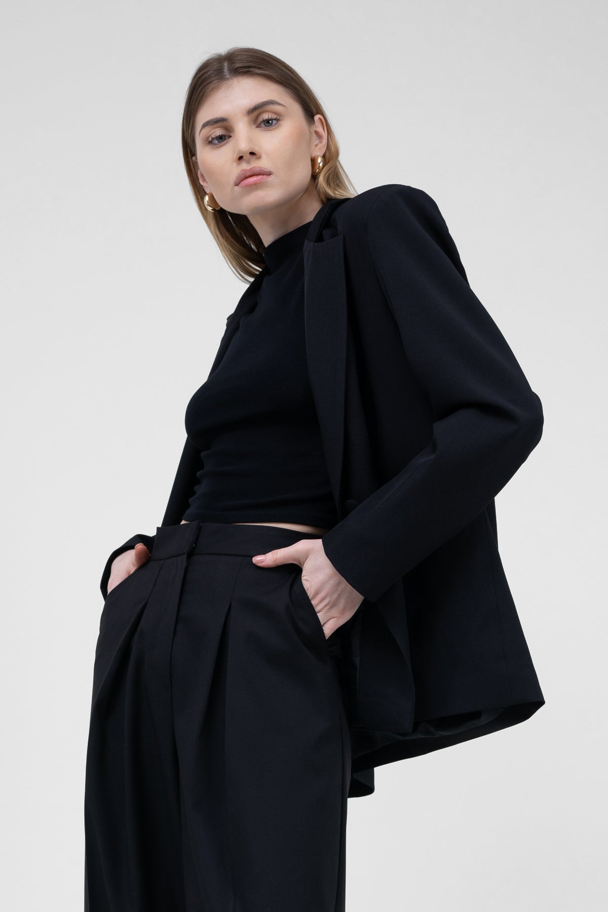 Black Suit With Regular Blazer With Double Pocket And Ultra Wide Leg Trousers