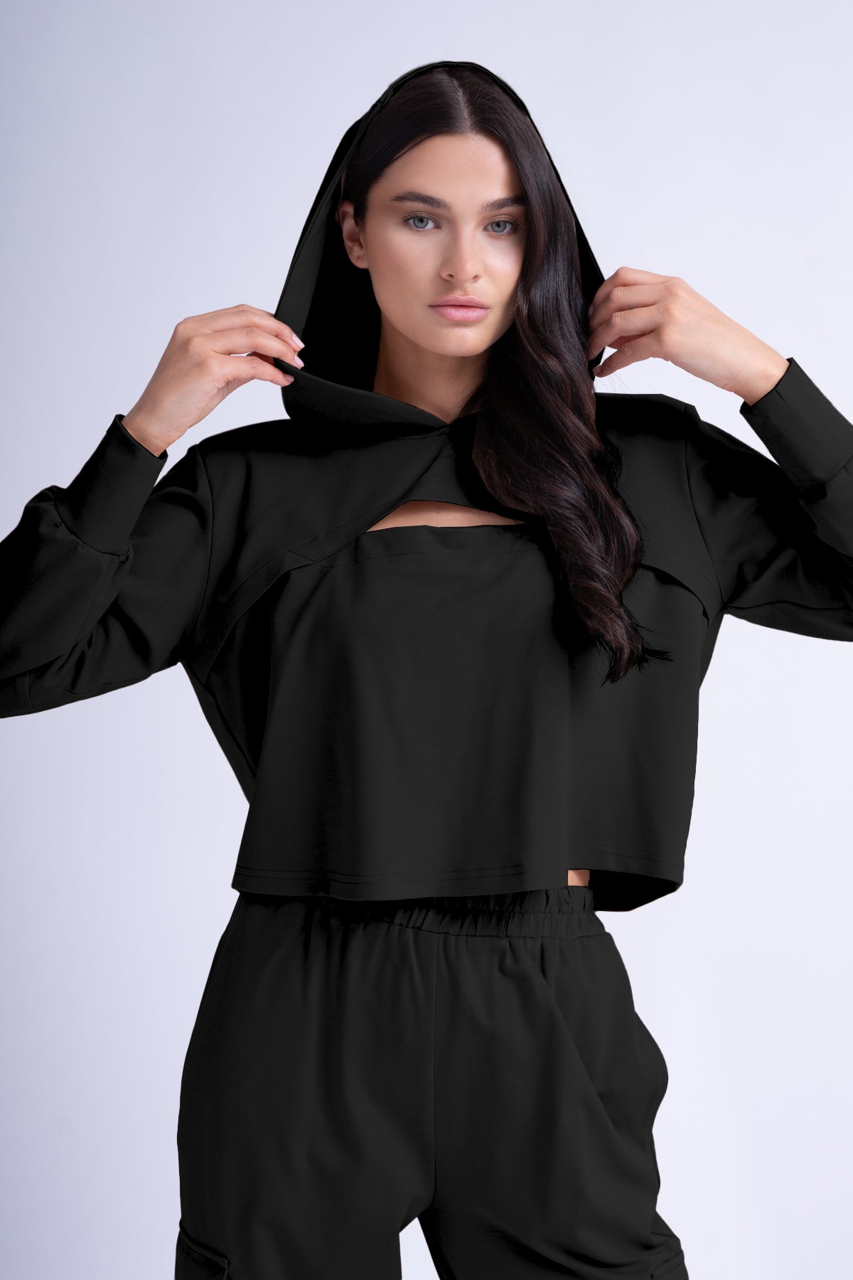 Black Matching Set With Cut-Out Hoodie And Cargo Pants