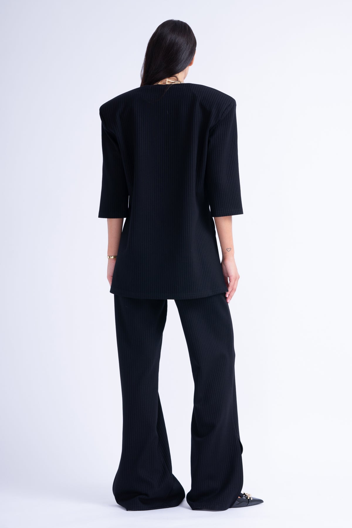 Ribbed Black Matching Set With Blouse And Trousers With Slit