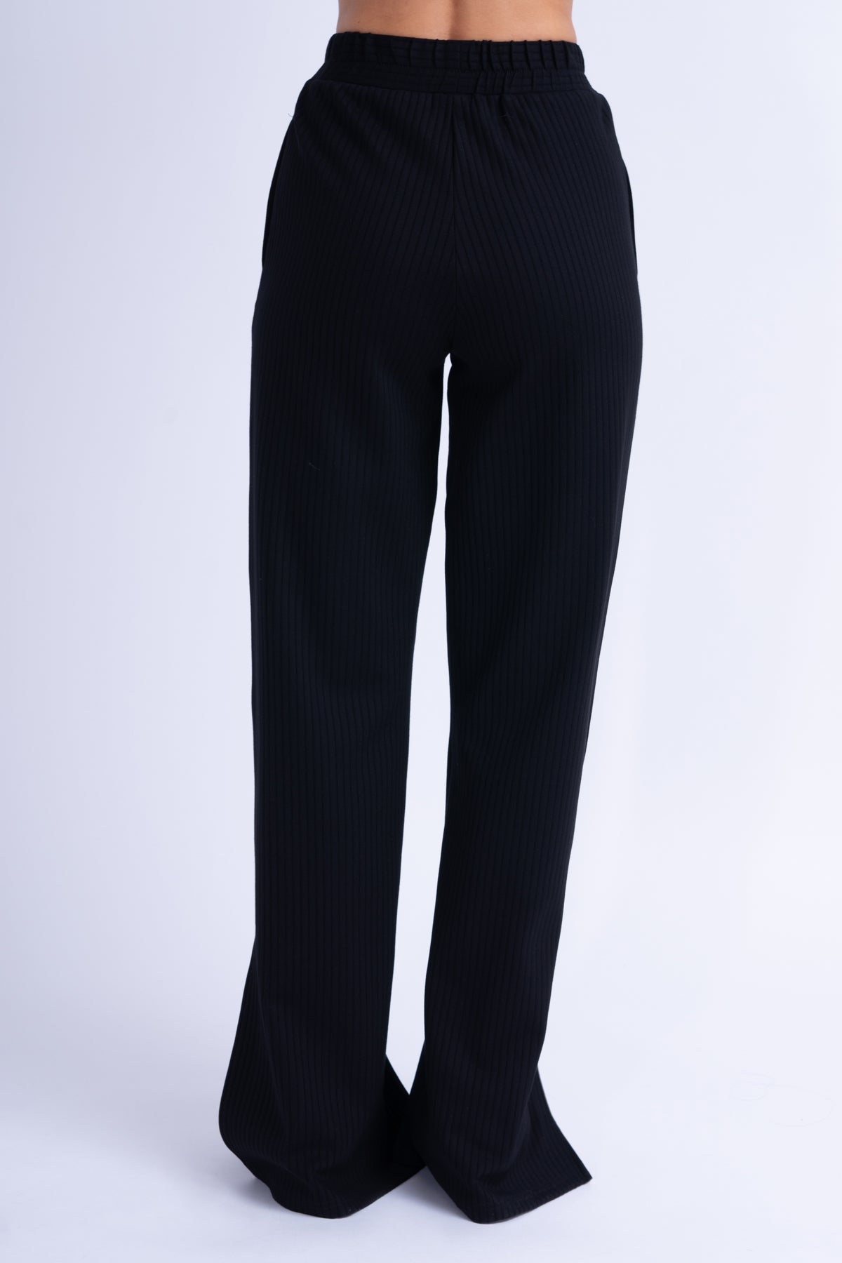 Ribbed Black Matching Set With Blouse And Trousers With Slit