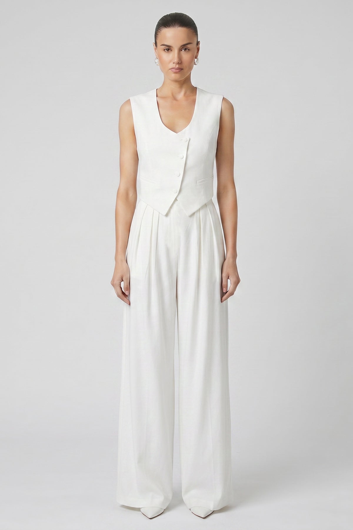 White Linen Set with Fitted Vest and Wide-Leg Trousers