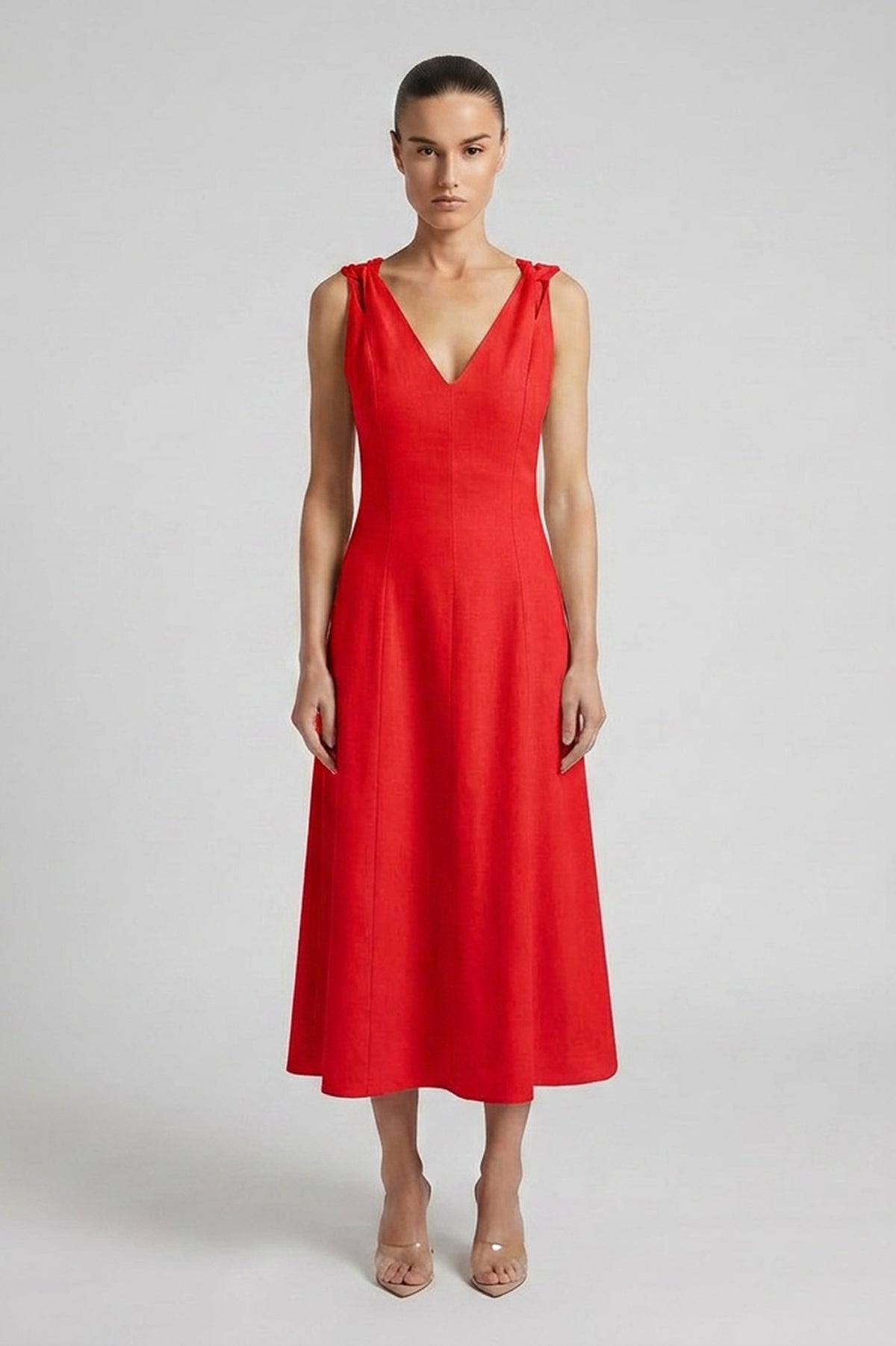 Red Linen Midi Dress with V-Neck and Knotted Straps