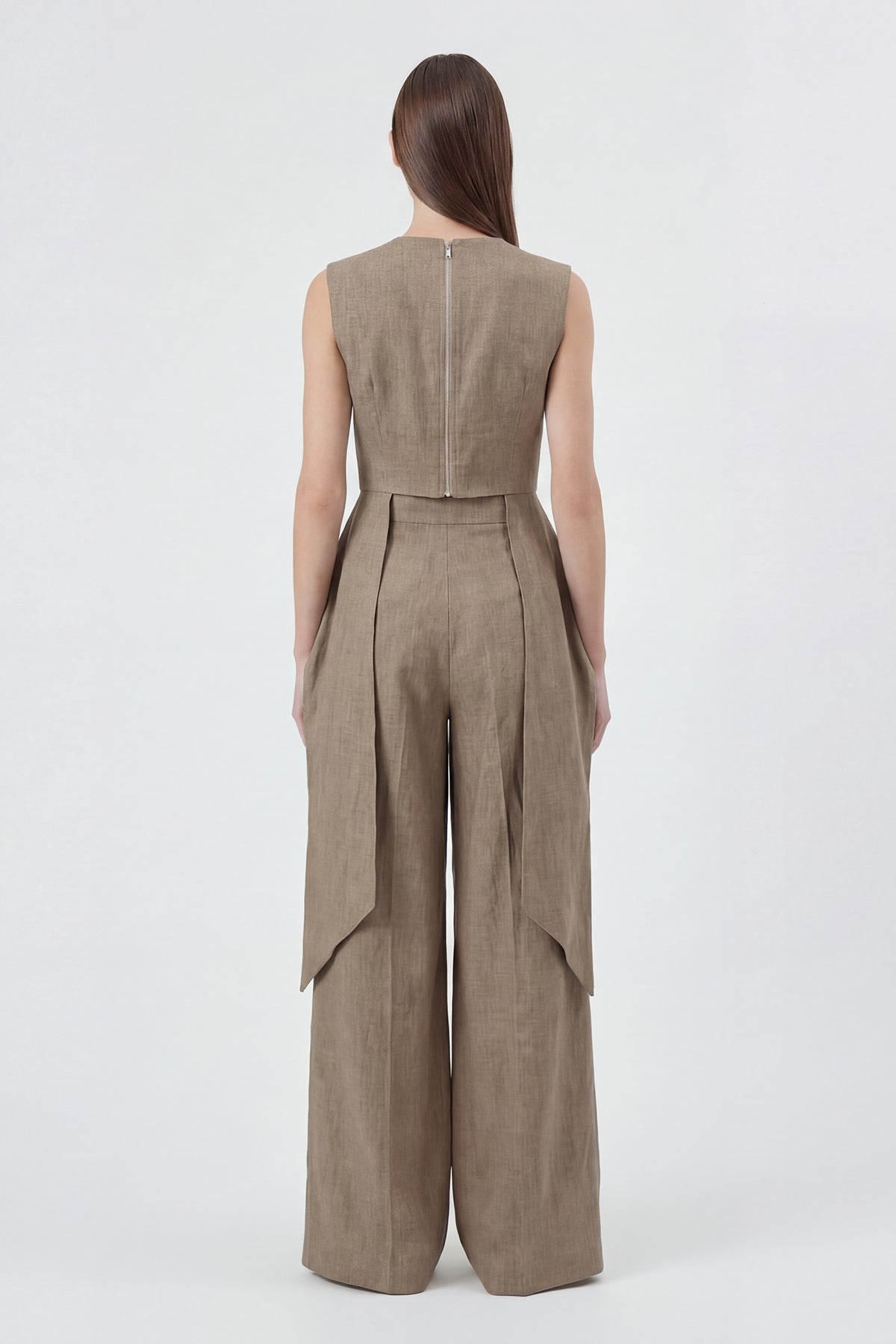 Grey Linen Peplum Top & Wide-Leg Trousers Set