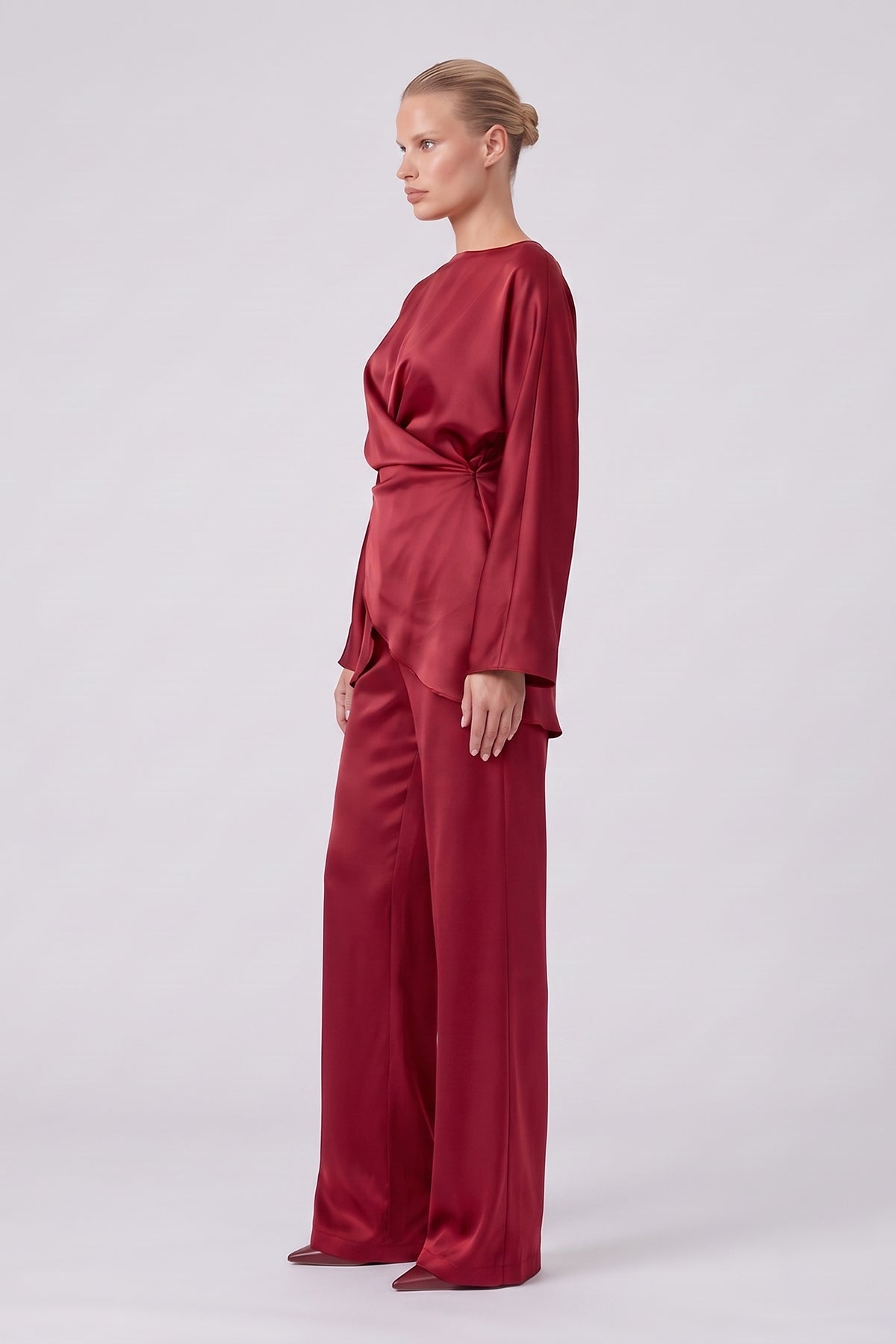 Red Satin Draped Top & Wide-Leg Trousers Set