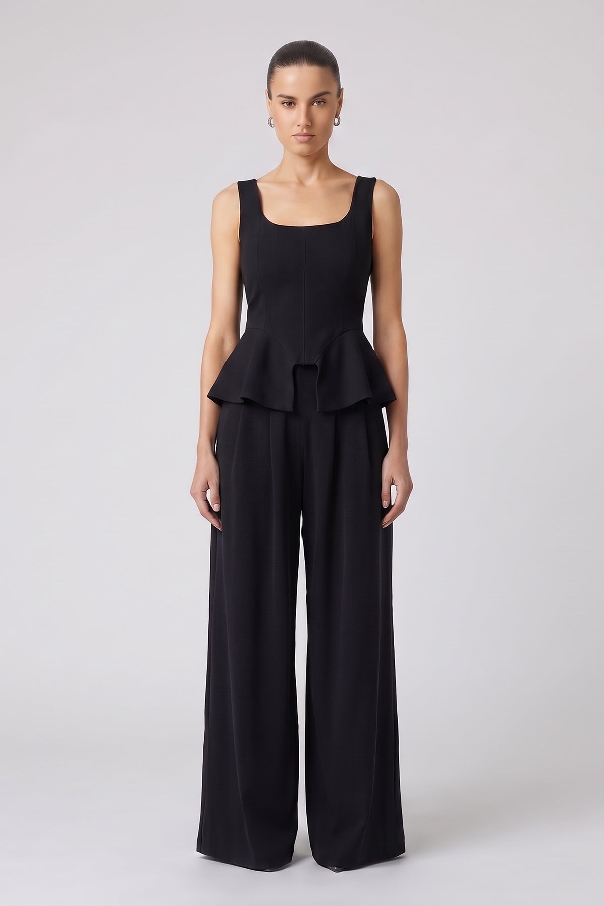 Set Negru cu Corset Peplum și Pantaloni Wide Leg