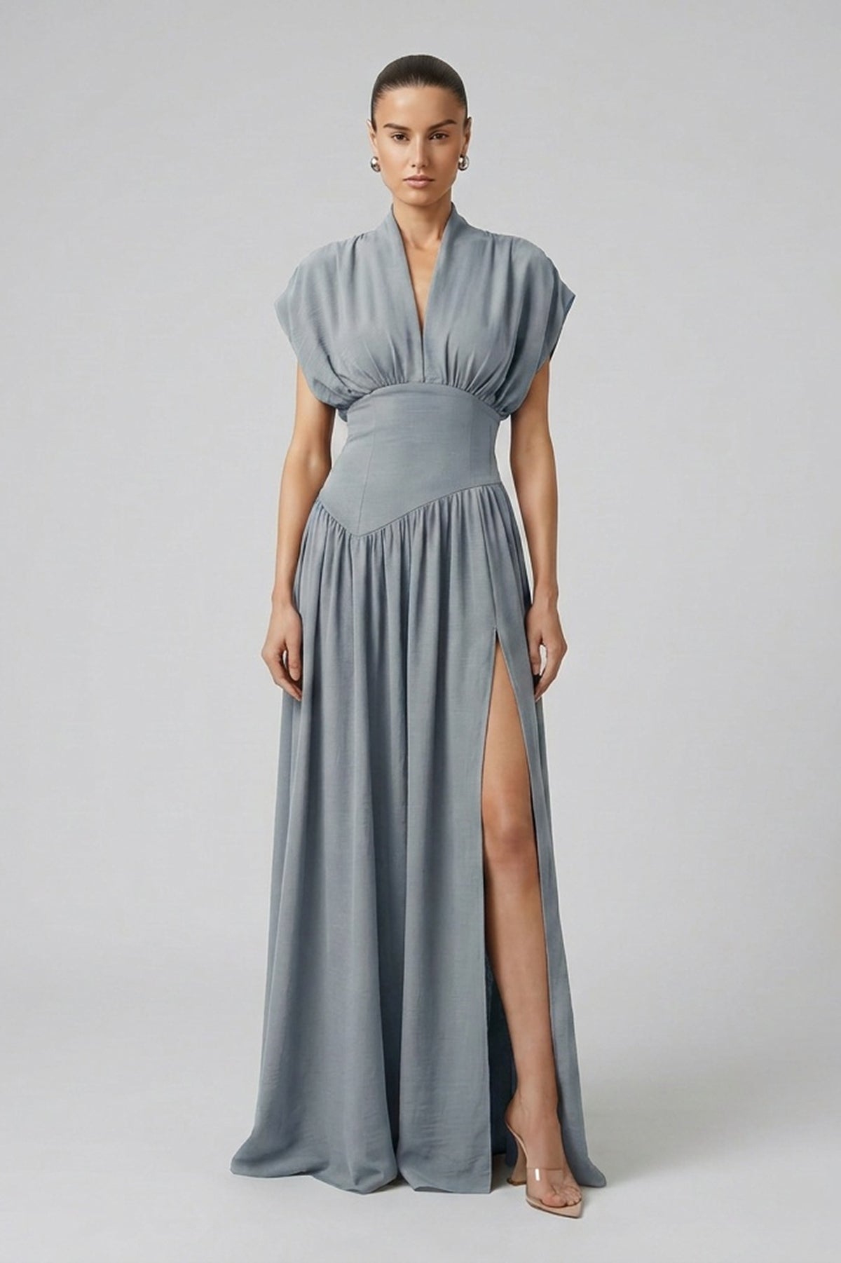 Grey-Blue Maxi Dress with Defined Waist and Side Slit