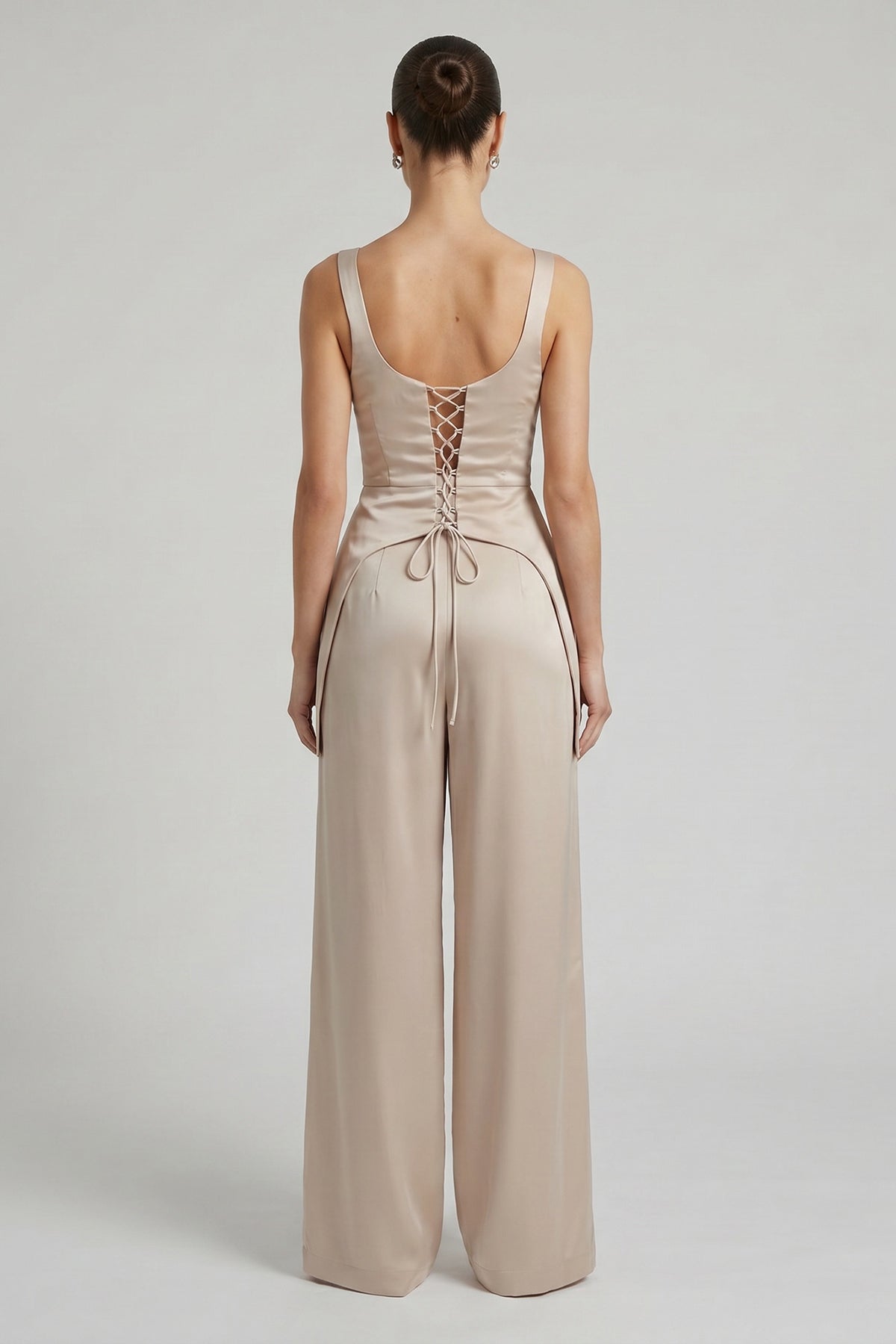 Beige Elegant Satin Set with Corset and Wide-Leg Trousers
