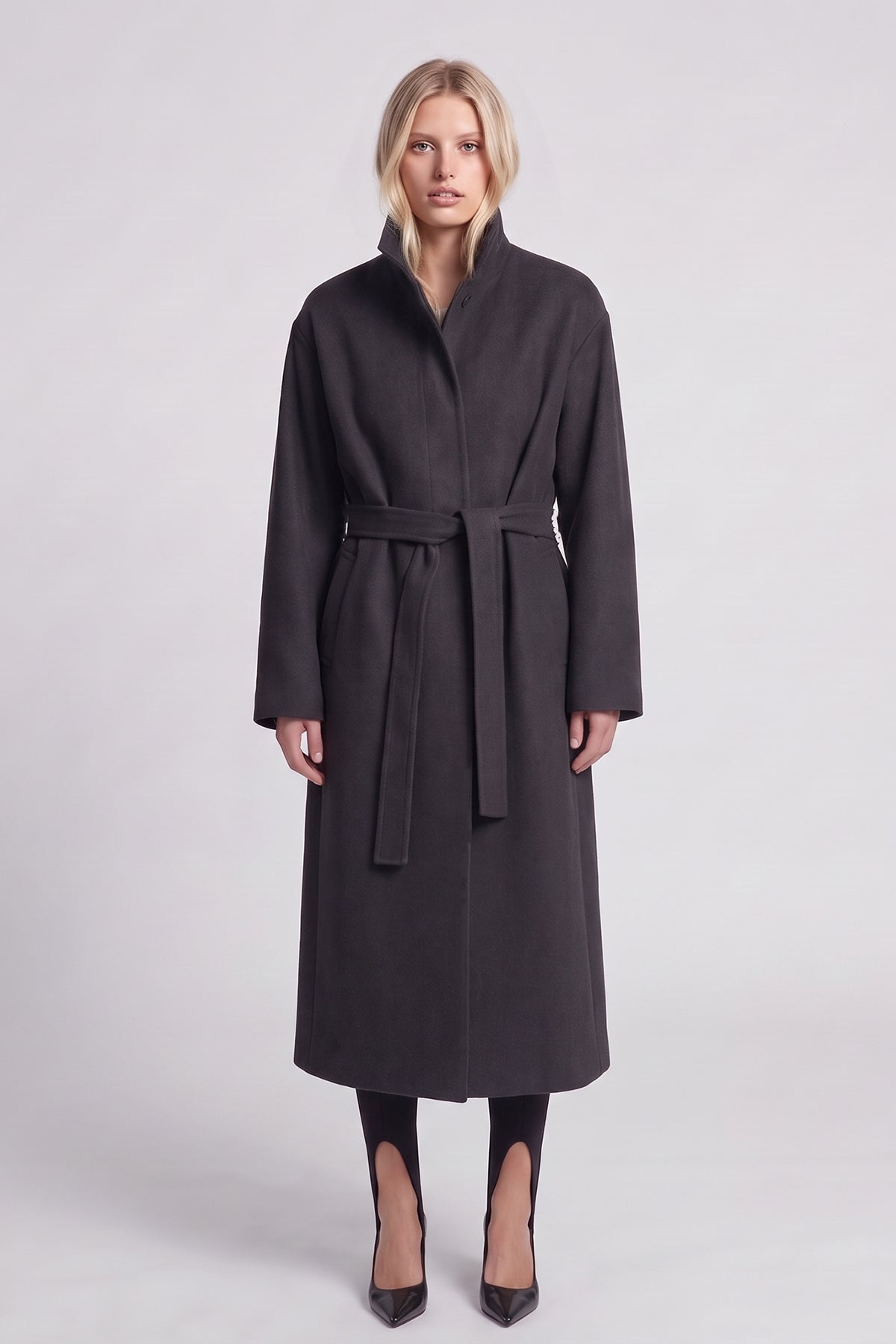 Long Dark-Grey Coat with High Collar