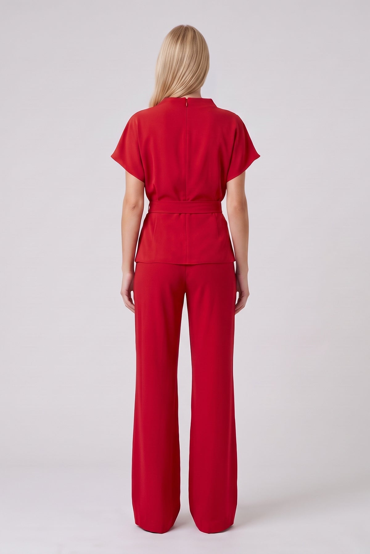 Red Set with Draped Top, Defined Waist and Wide-Leg Trousers