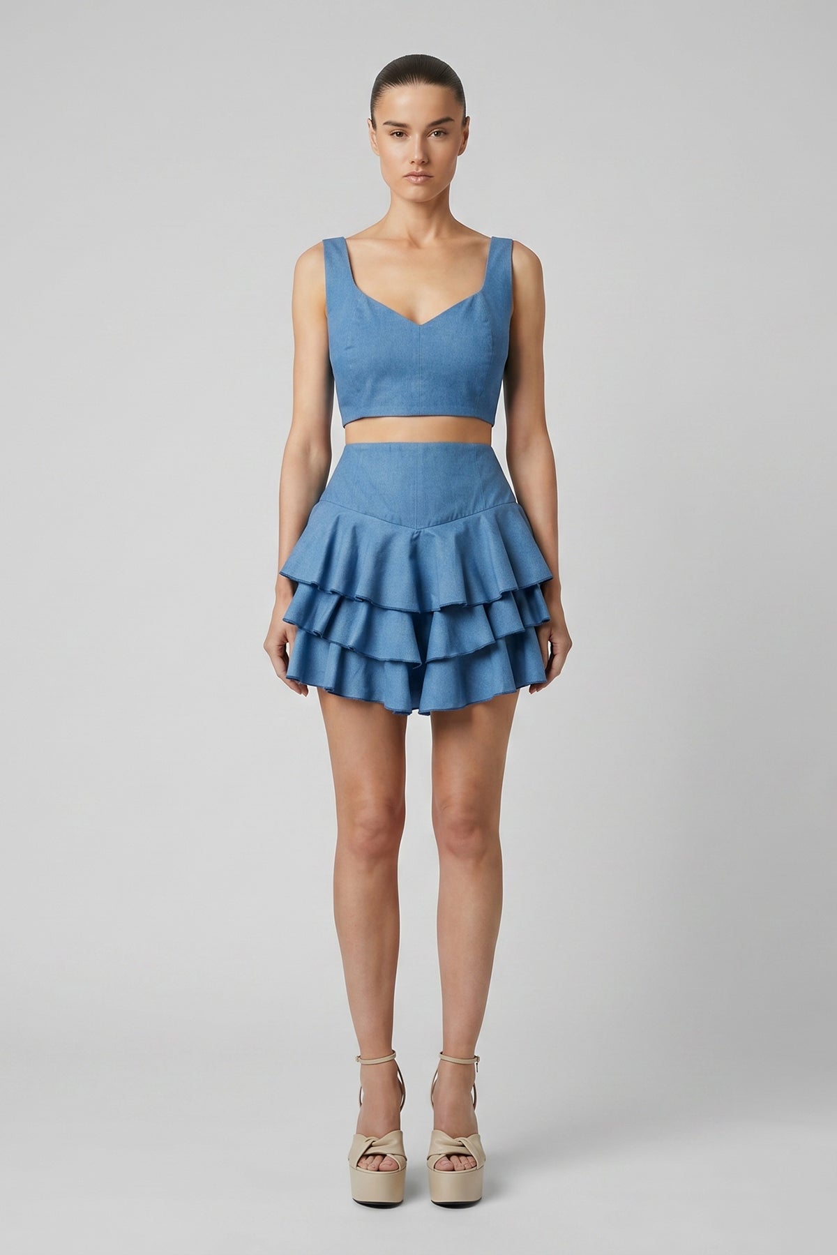 Blue Denim Set with Crop Top and Ruffle Skirt