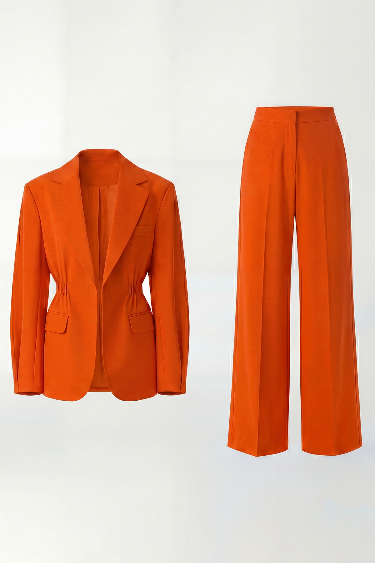 Neon Orange Suit With Waist Accentuated Blazer And Wide-Leg Trousers