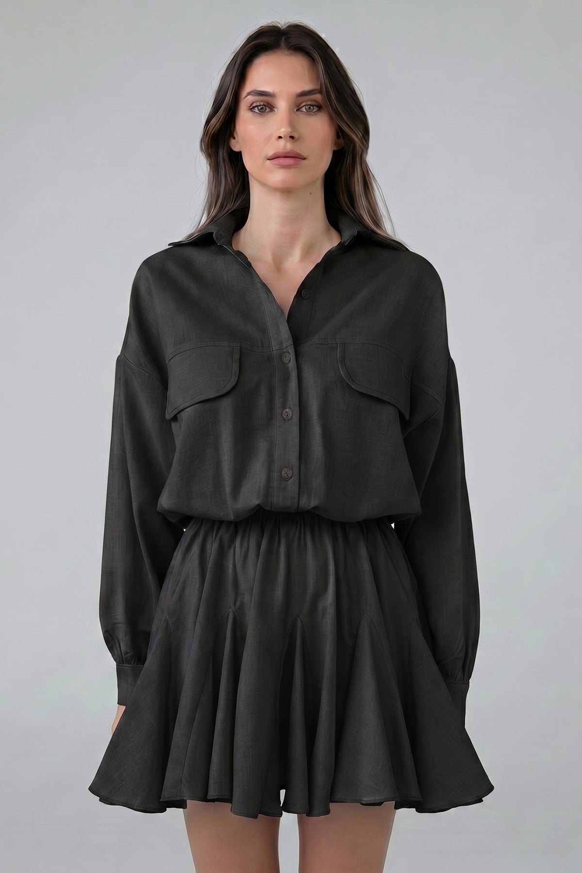 Rochie neagra mini tip cămașă din in cu talie elastică
