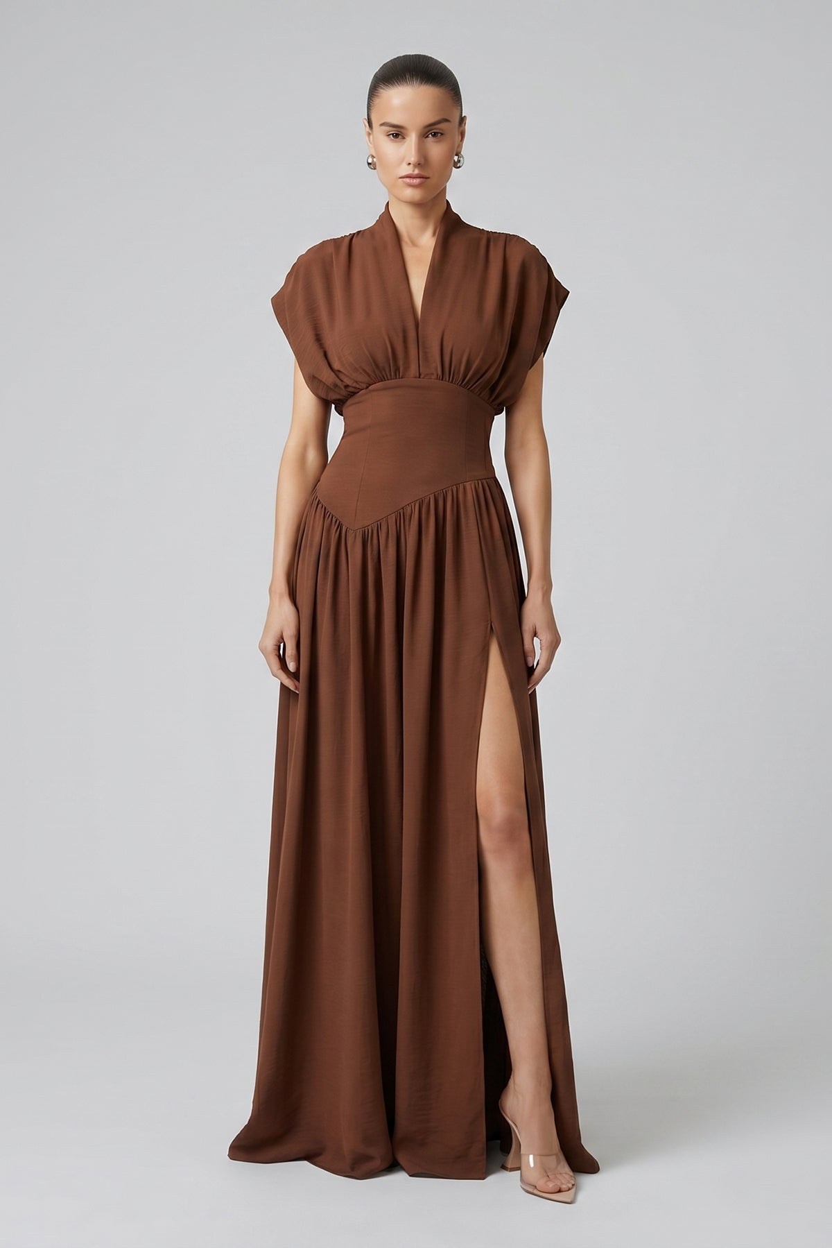 Chocolate Brown Maxi Dress with Defined Waist and Side Slit