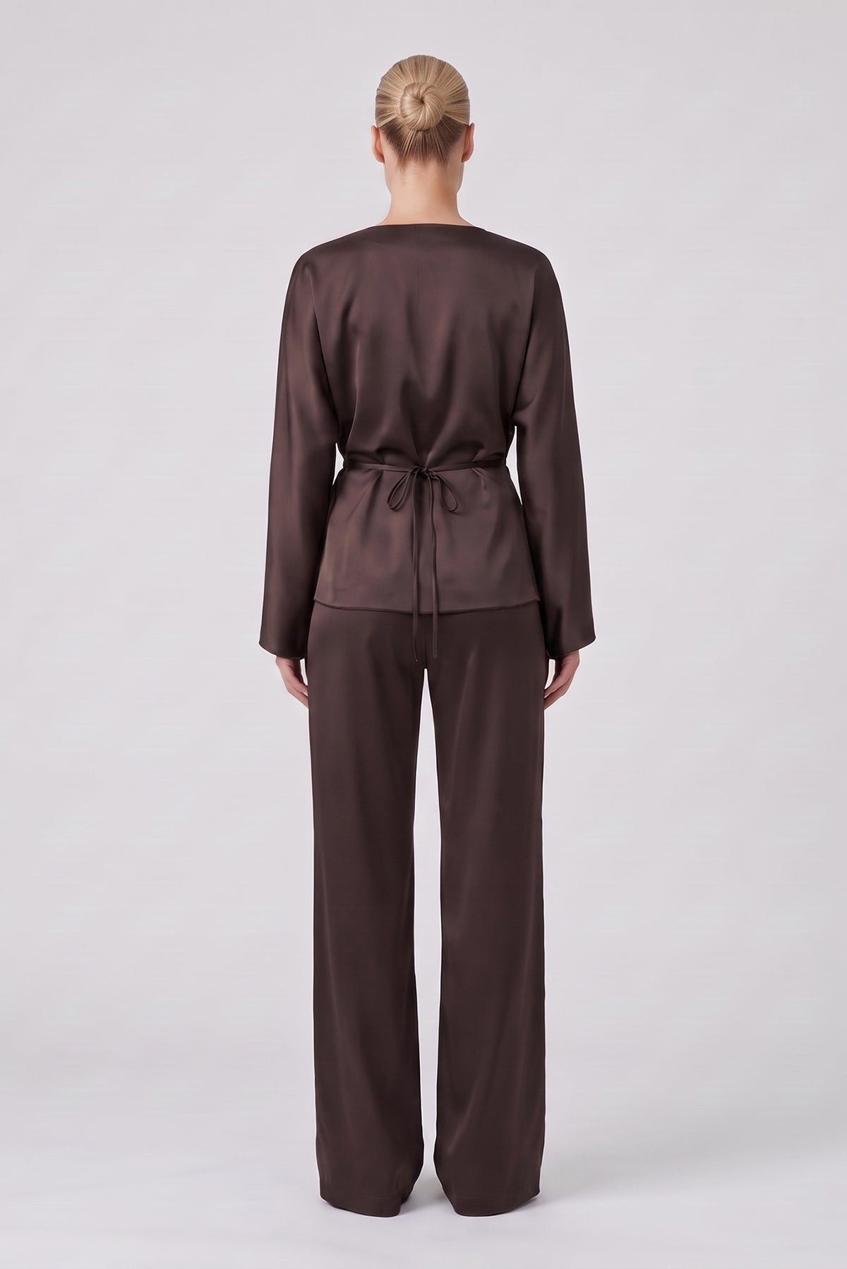 Brown Satin Draped Top & Wide-Leg Trousers Set