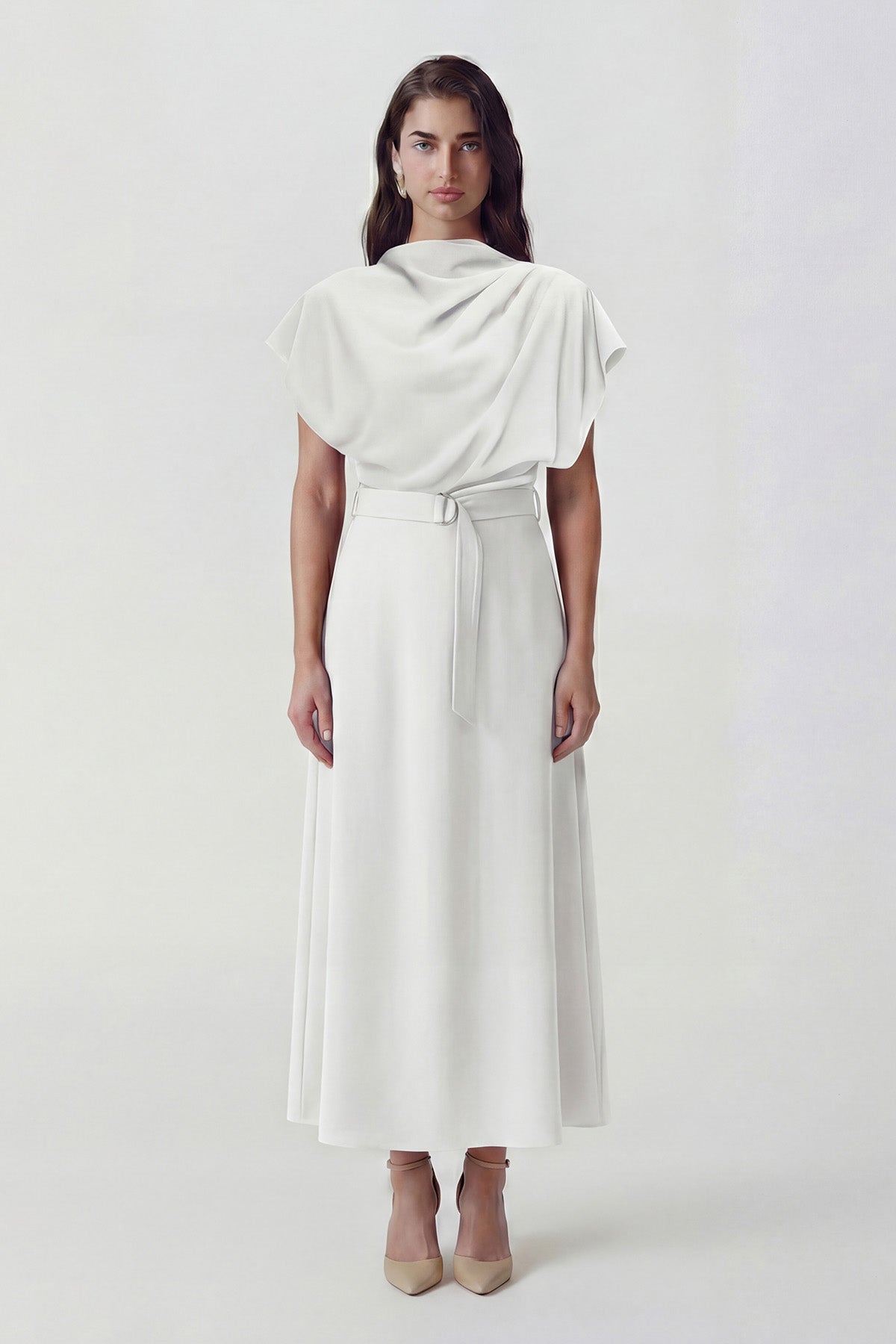 Rochie midi alba cu drapaj și cordon în talie