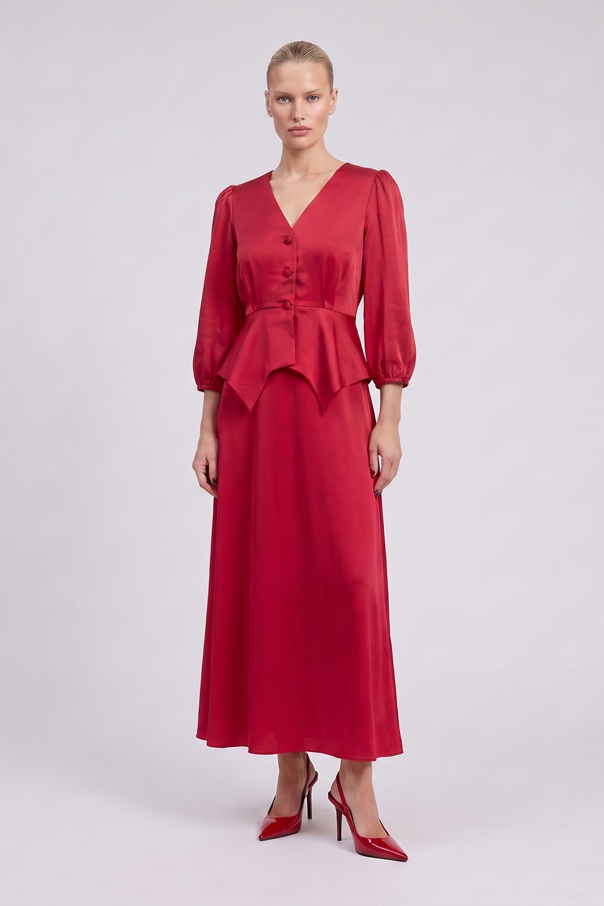 Red Satin Viscose Peplum Blouse & Midi Skirt Set