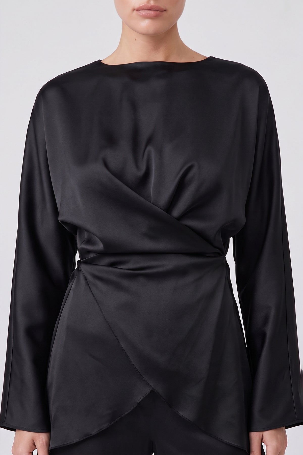 Black Satin Draped Top & Wide-Leg Trousers Set