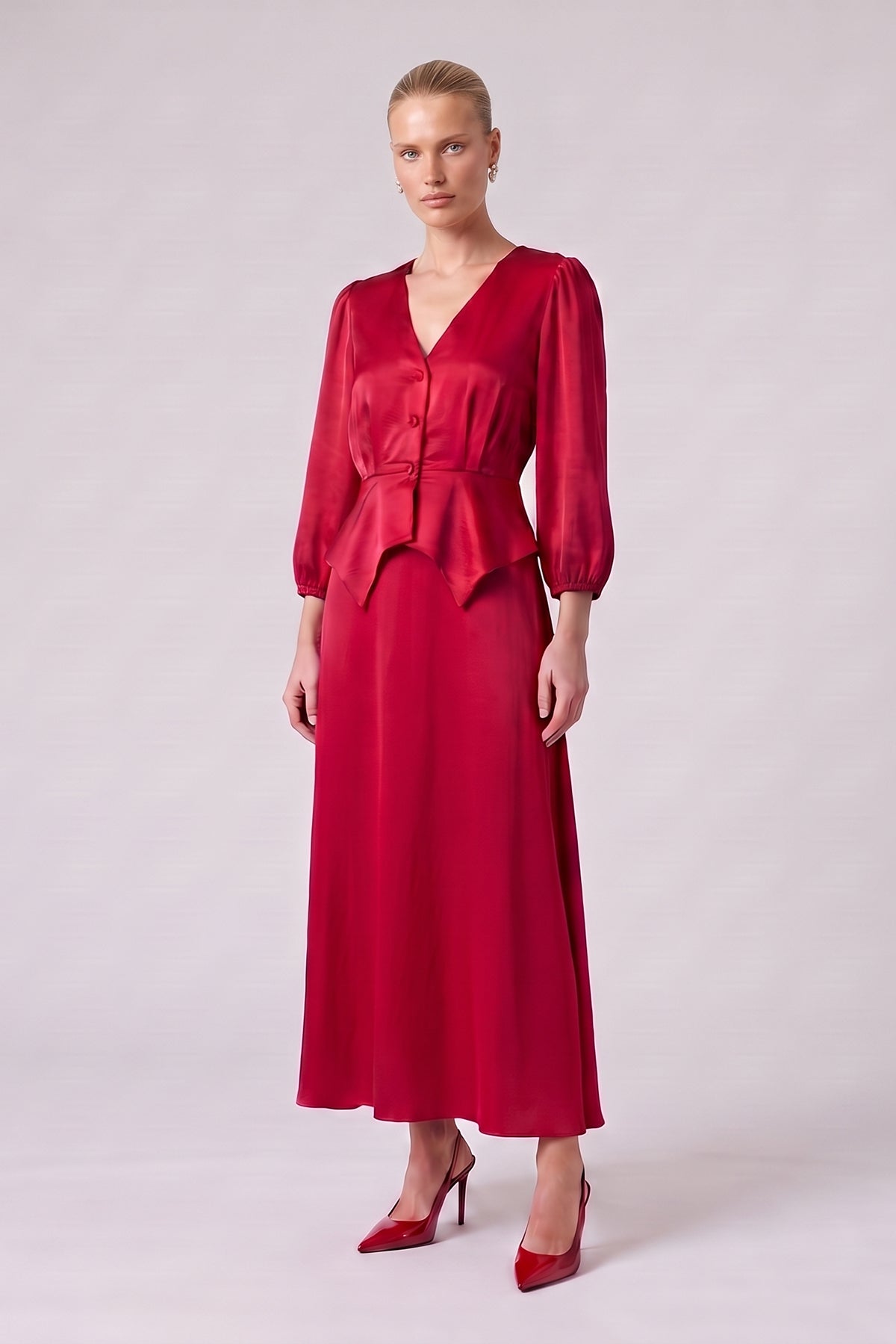 Red Satin Viscose Peplum Blouse & Midi Skirt Set