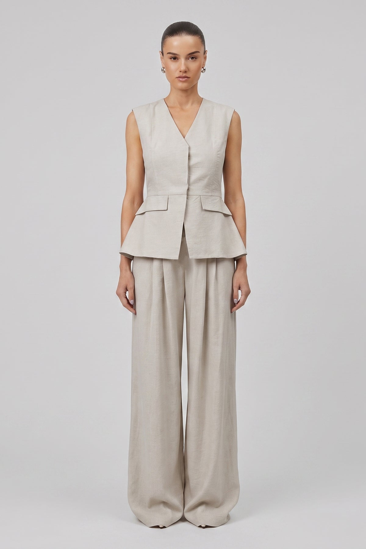 Set din amestec de vâscoză și in cu vestă peplum și pantaloni wide-leg
