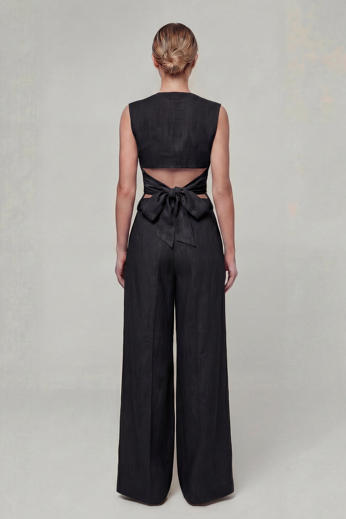 Black Linen Set with Fitted Vest and Wide-Leg Trousers