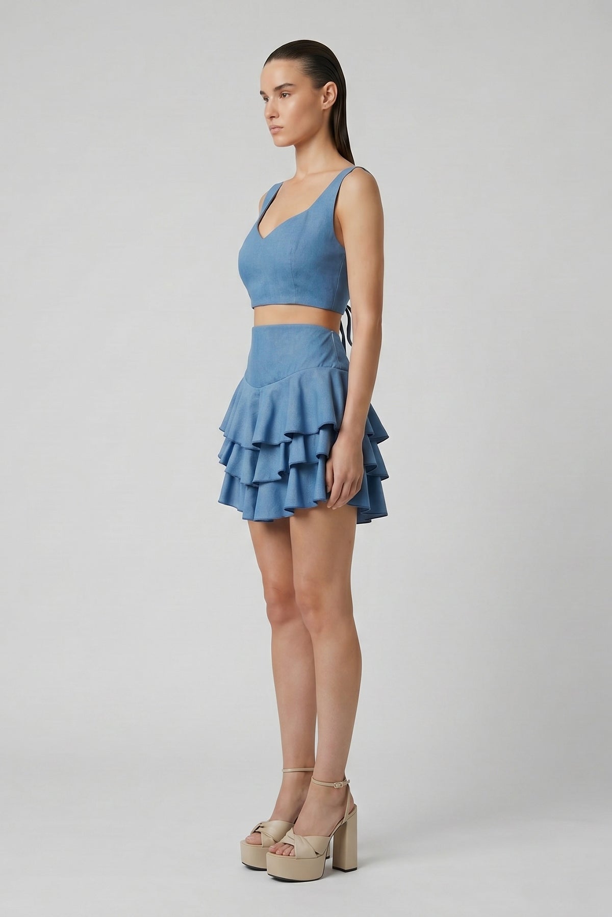 Blue Denim Set with Crop Top and Ruffle Skirt