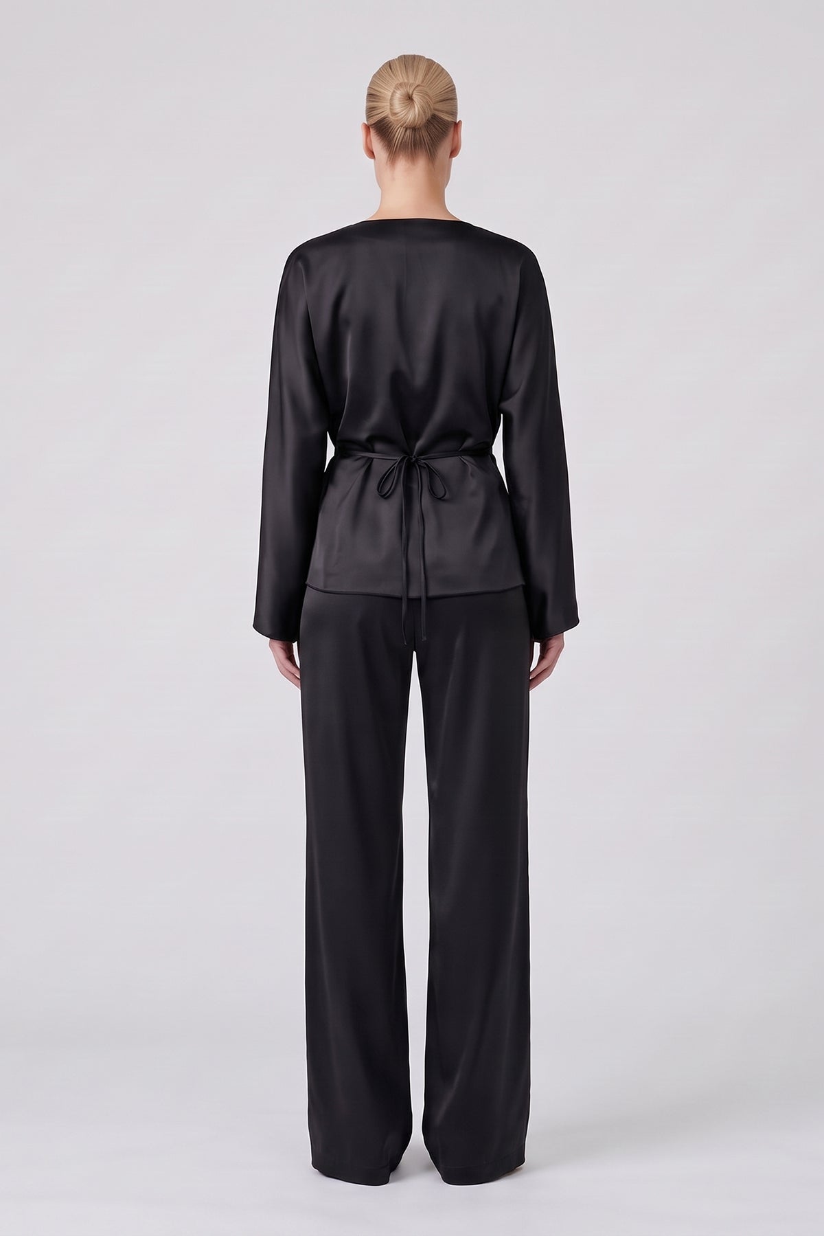 Black Satin Draped Top & Wide-Leg Trousers Set