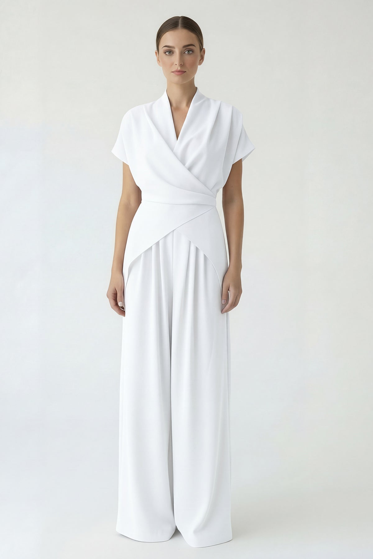 White fluid set with a wrap top and wide-leg trousers