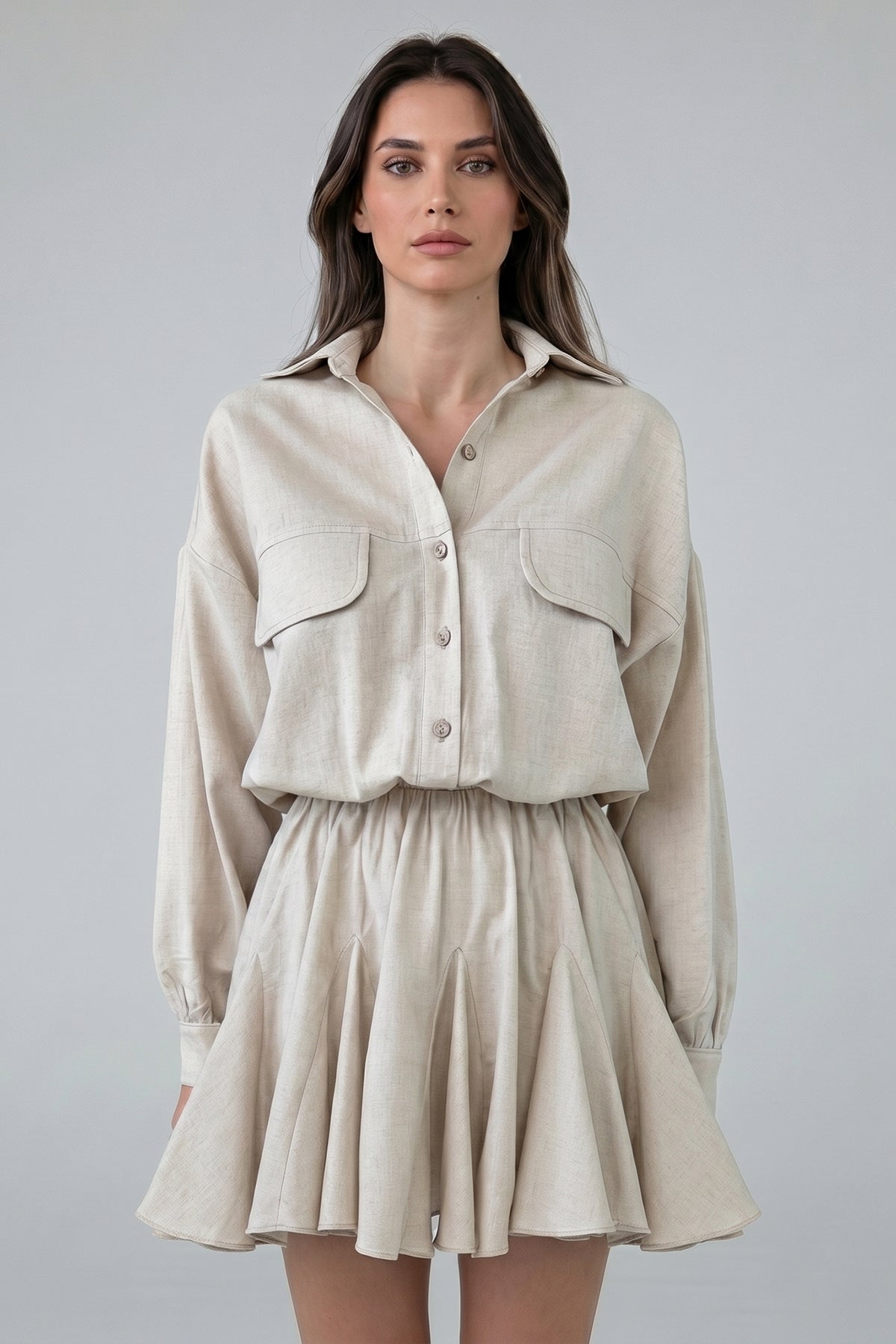 Rochie bej mini tip cămașă din in cu talie elastică