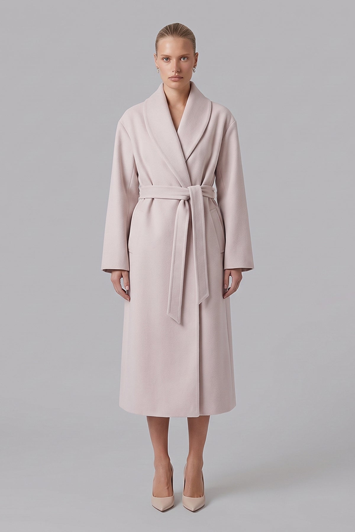 Long Wool Blend Coat with Rounded Lapels in Taupe