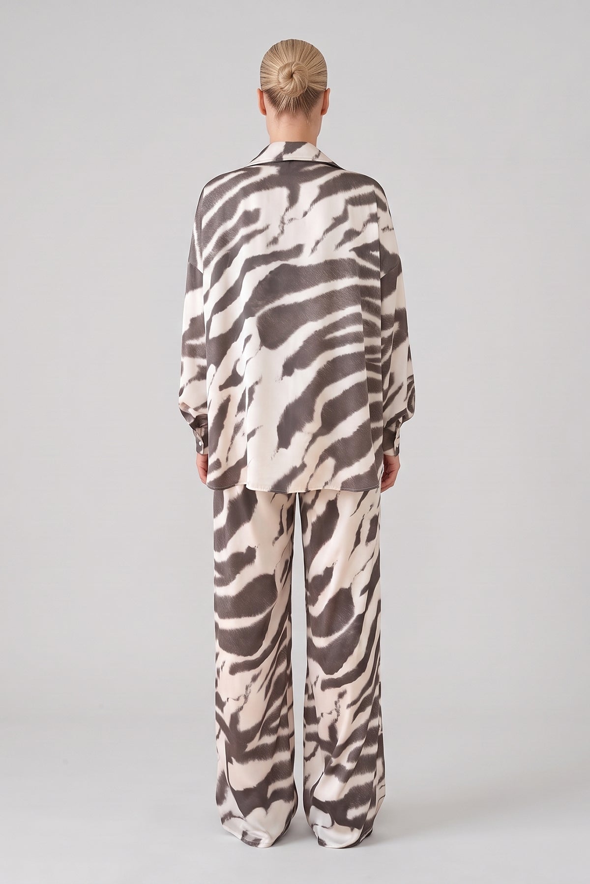 Ivory & Taupe Zebra Print Satin Set – Shirt & Wide Leg Pants