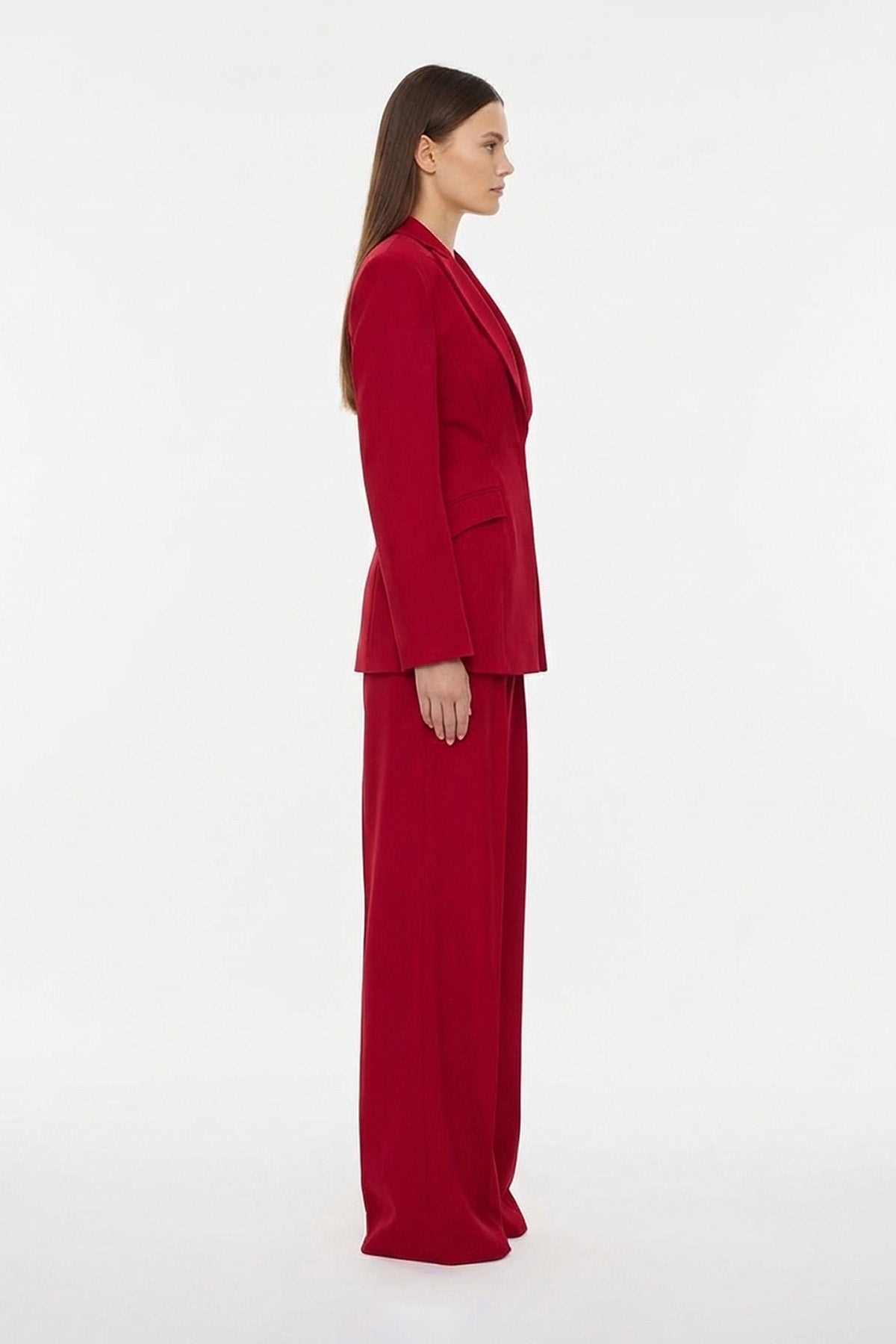 Dark red Suit with Balloon Blazer and Wide leg trousers