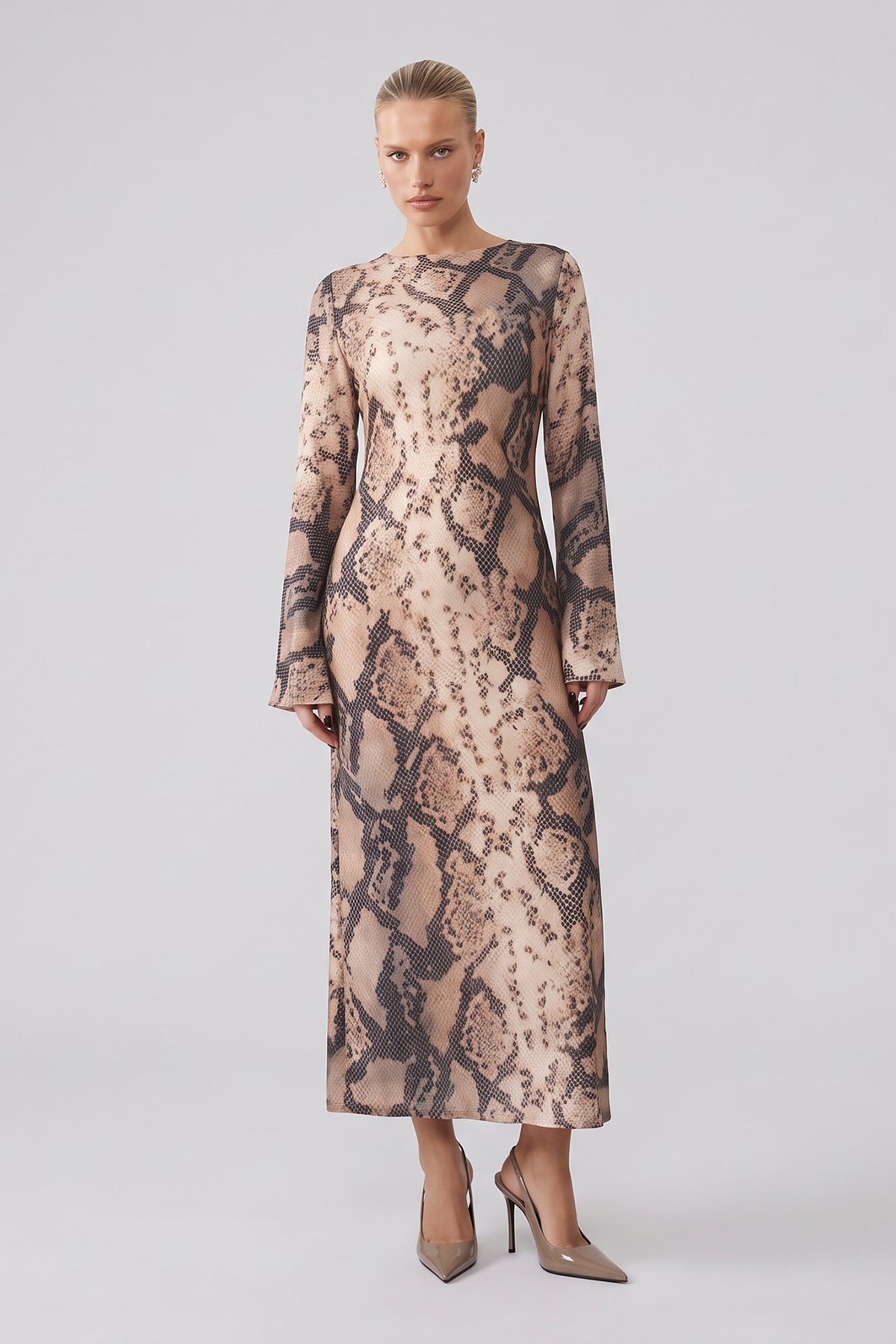 Snake Print Midi Dress with Flared Sleeves