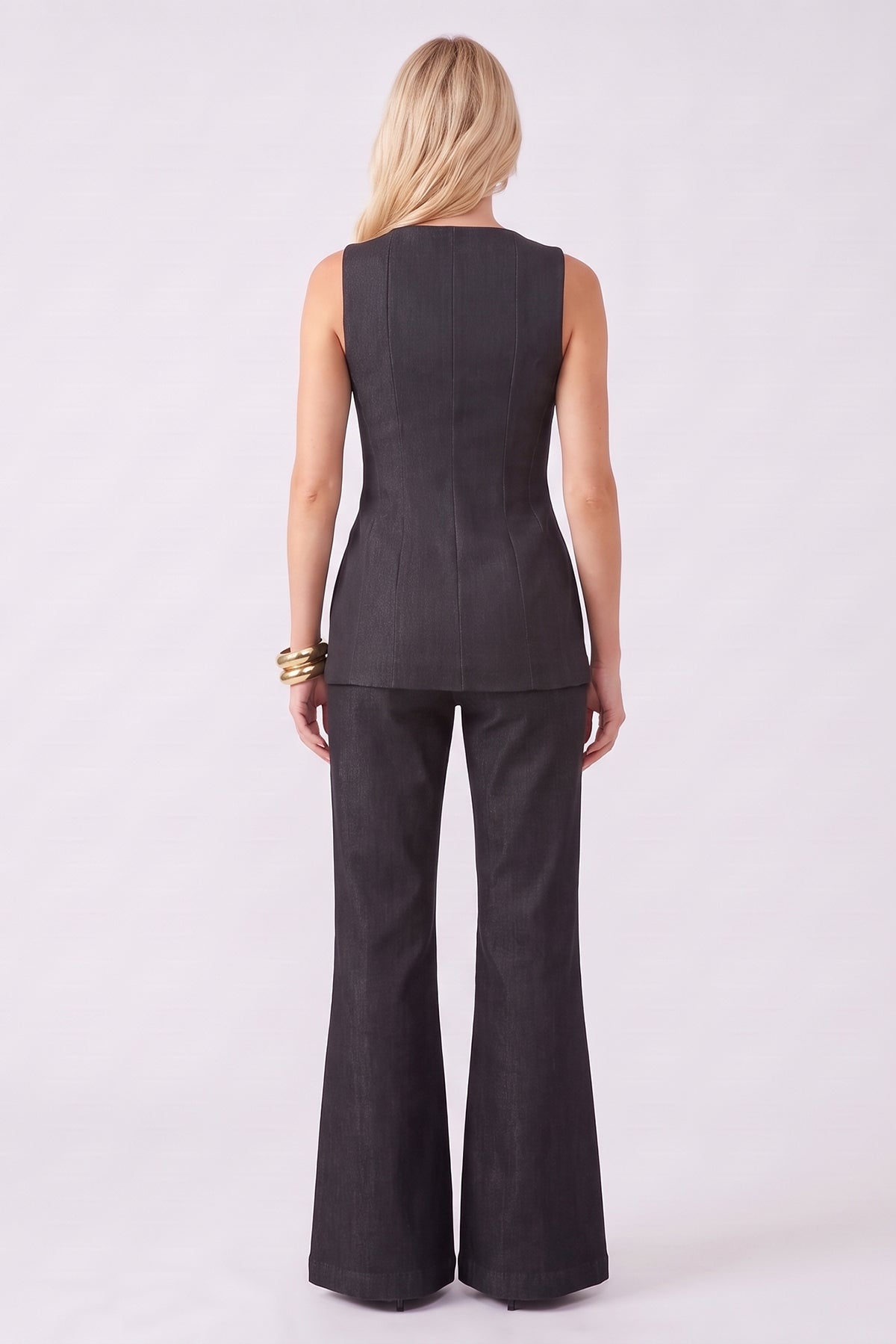 Set negru din stofă tip denim cu vestă corset și pantaloni evazati