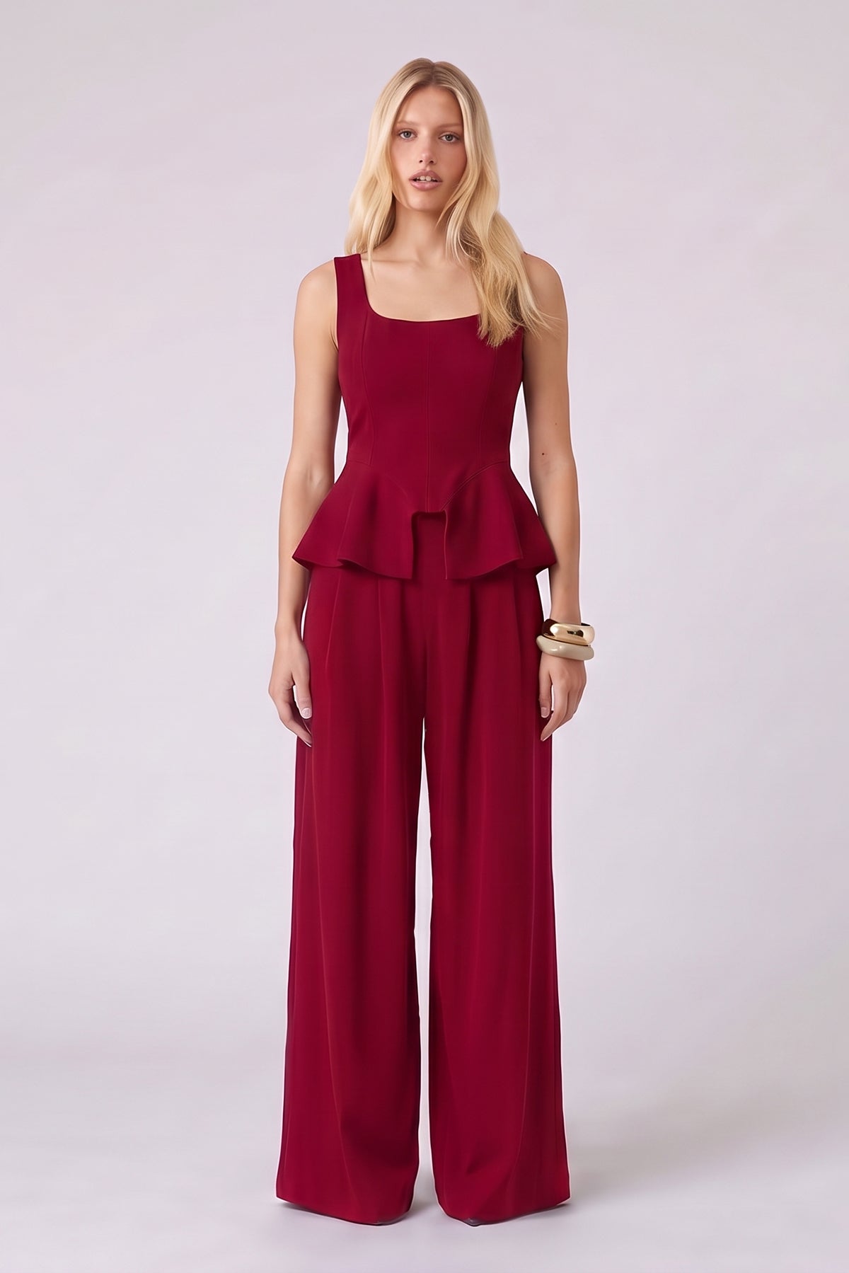 Burgundy Peplum Corset & Wide Leg Pants Set