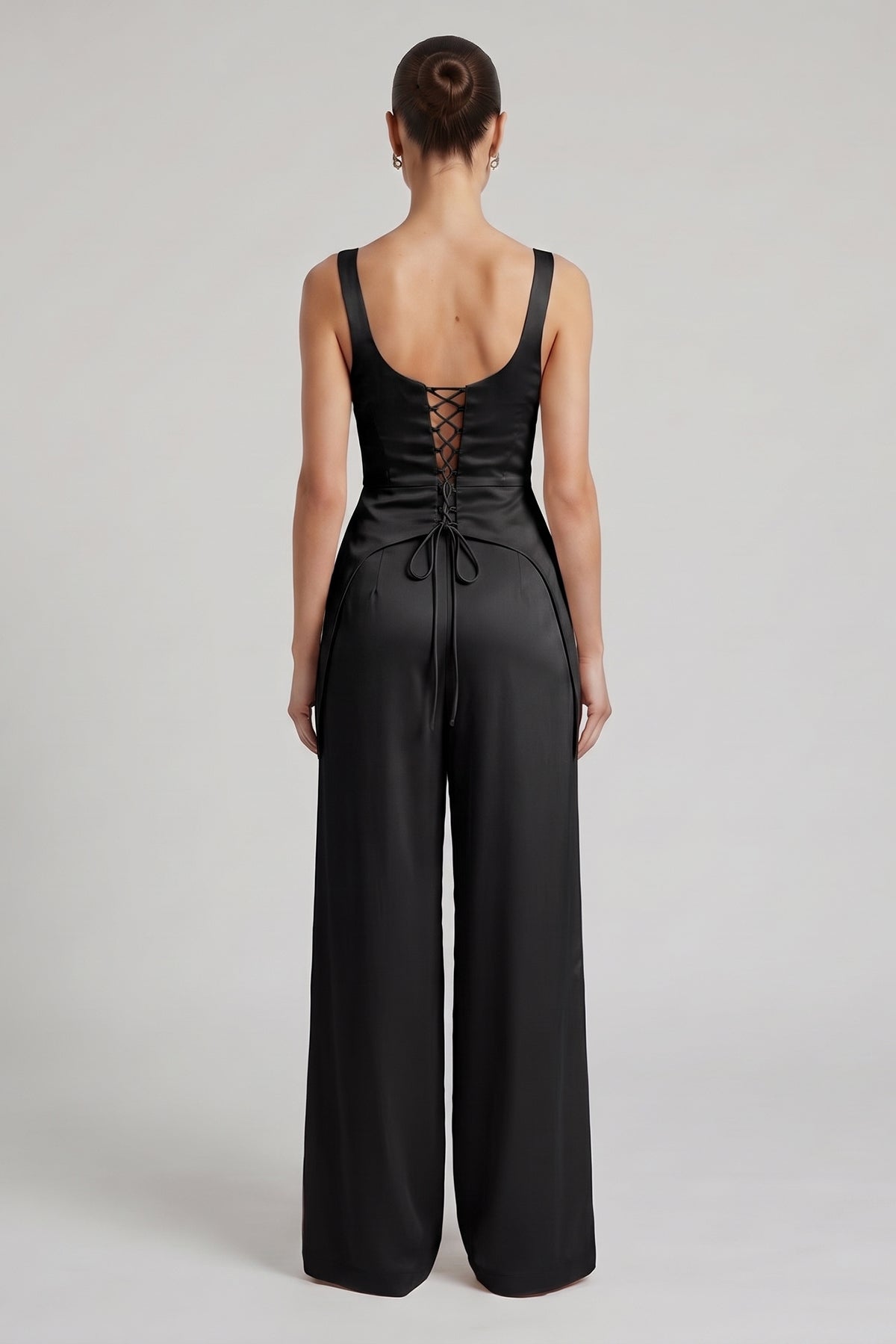 Black Elegant Satin Set with Corset and Wide-Leg Trousers
