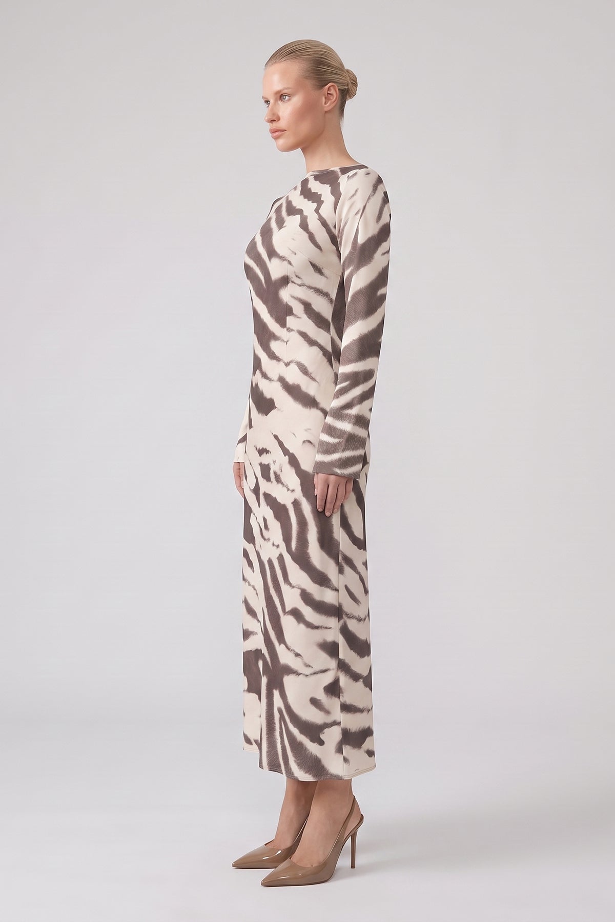Zebra Print Midi Dress with Flared Sleeves