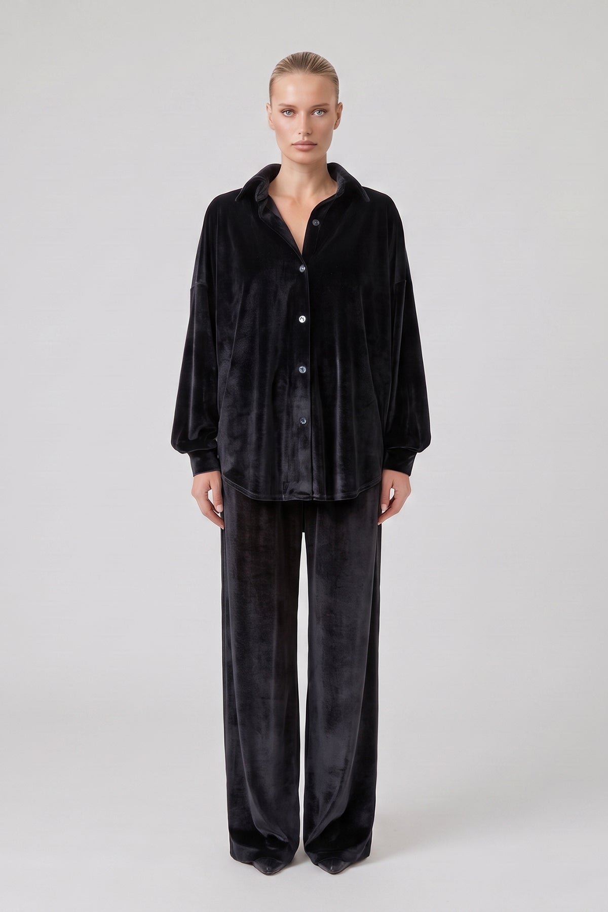 Velvet Oversized Shirt & Wide-Leg Trousers Set